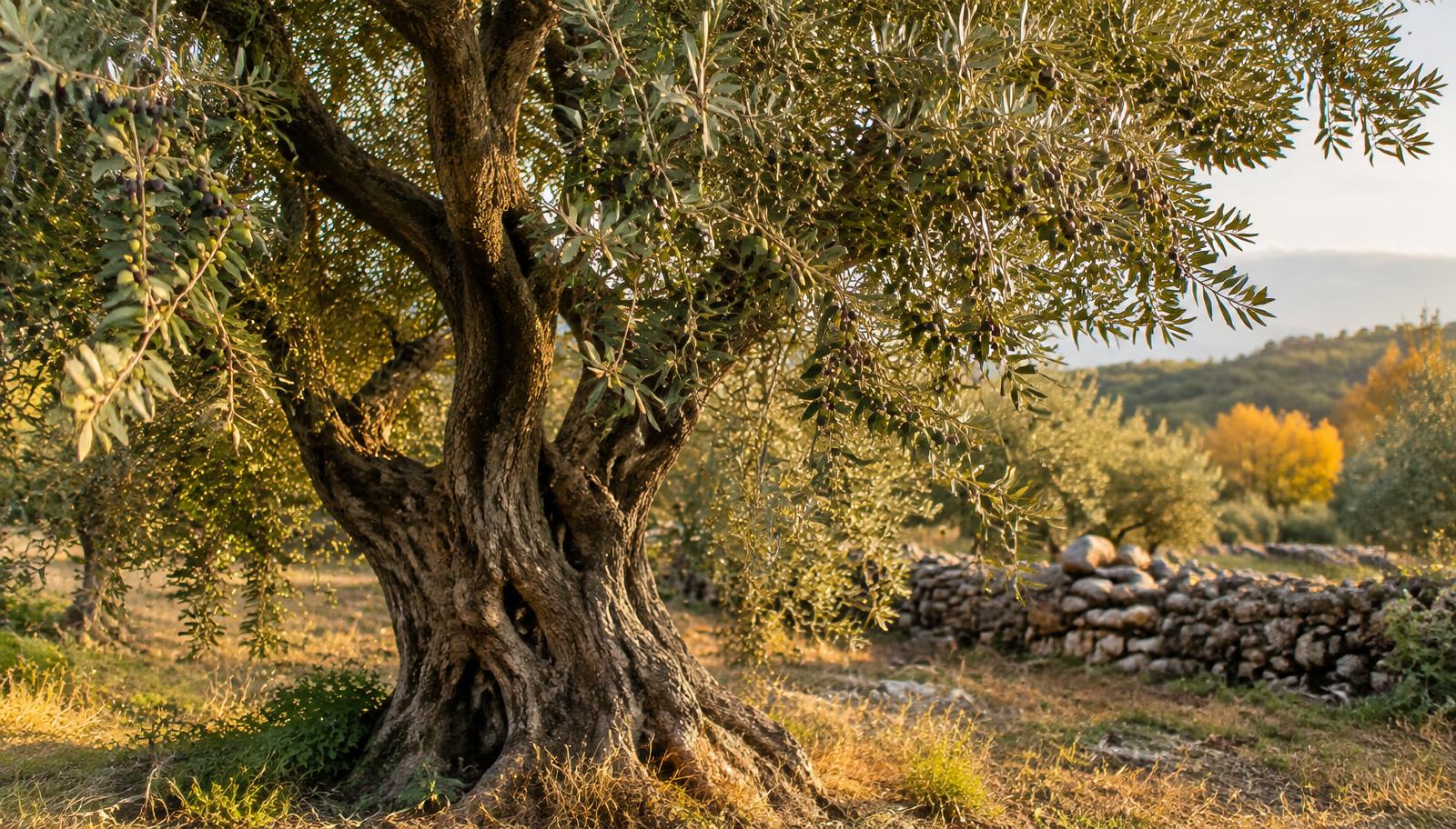 Olivo secolare con chioma argentea carica di olive in un paesaggio mediterraneo italiano in autunno