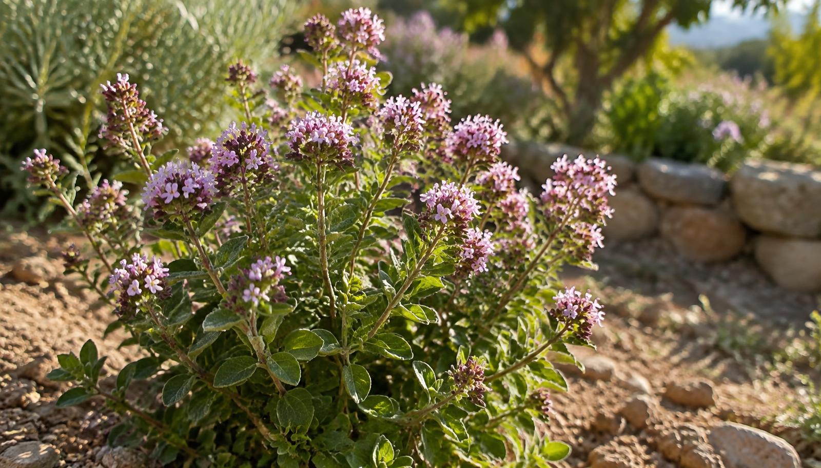 Cespuglio di origano in fiore con piccole infiorescenze rosate in un orto soleggiato
