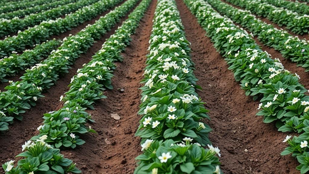 Fila di patate in fioritura con fiori bianchi e lilla in un orto a terreno rincalzato