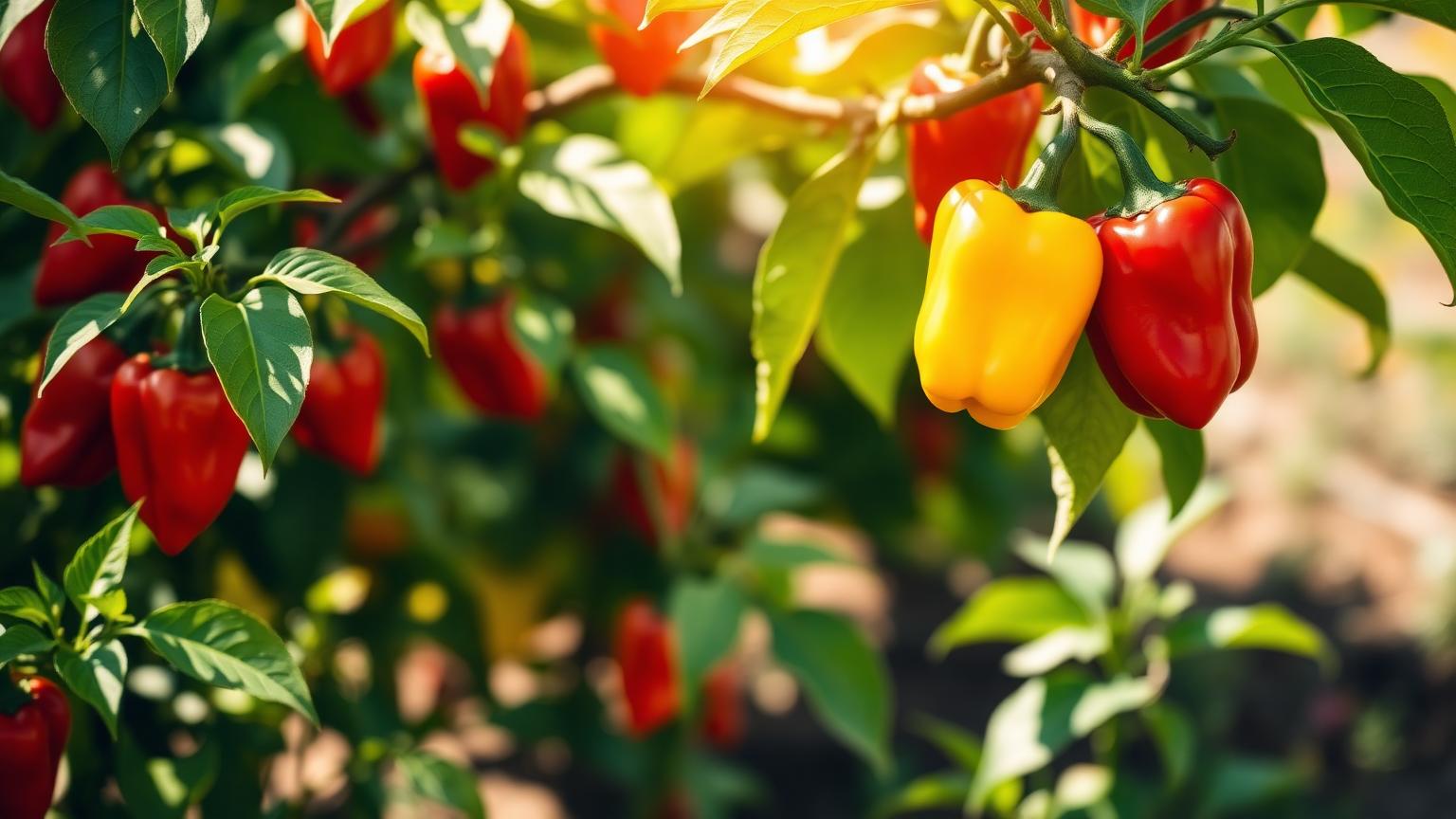 Pianta di peperone con frutti rossi e gialli maturi in un orto estivo italiano