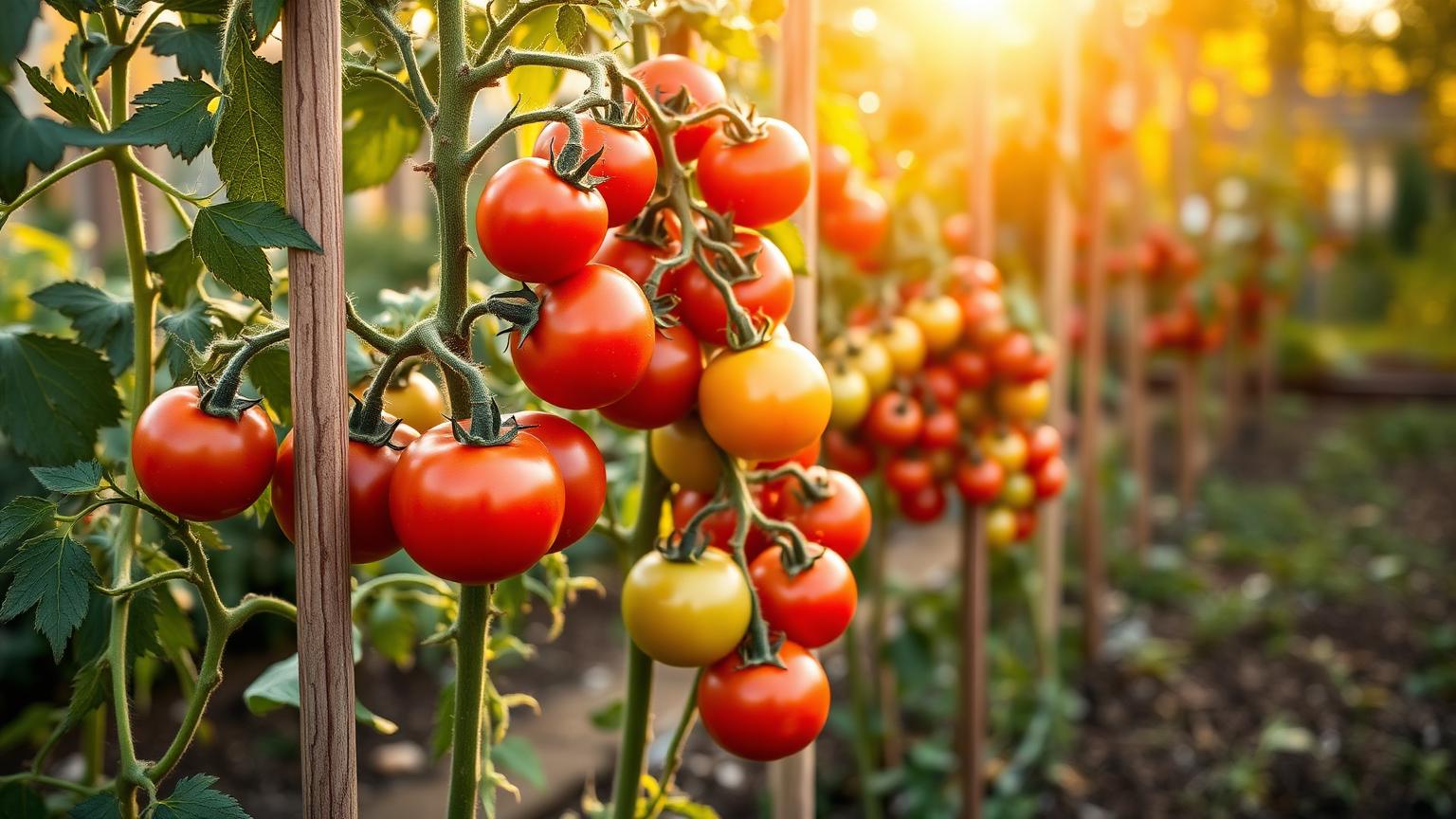 Pianta di pomodoro con grappoli maturi e verdi coltivata su canne in un orto italiano