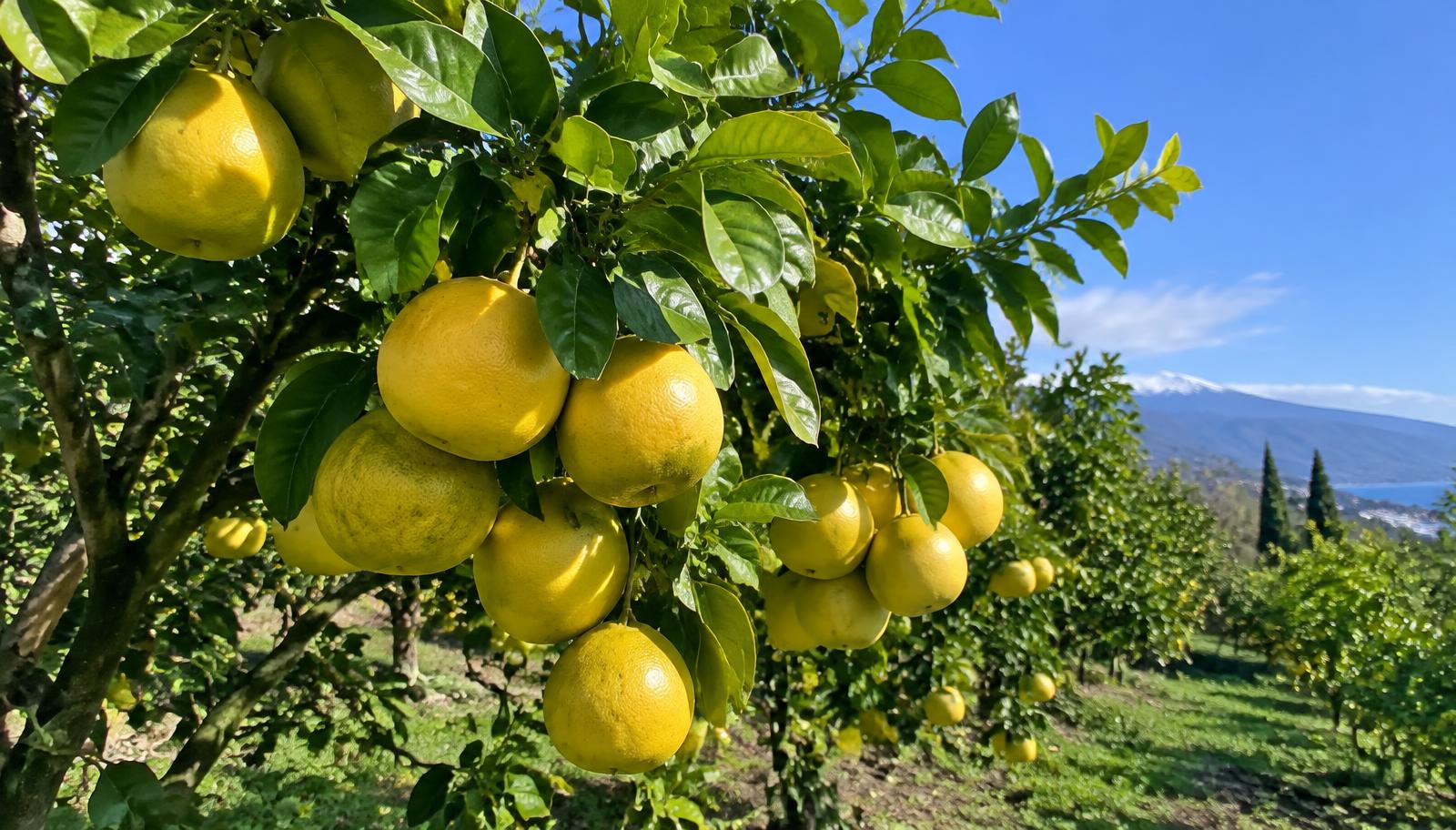 Albero di pompelmo con grandi frutti gialli a grappolo tra foglie verdi lucide in un agrumeto siciliano in inverno