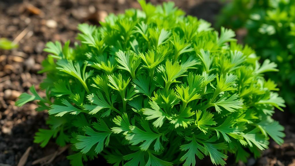 Cespo di prezzemolo a foglia liscia verde intenso coltivato in un'aiuola dell'orto