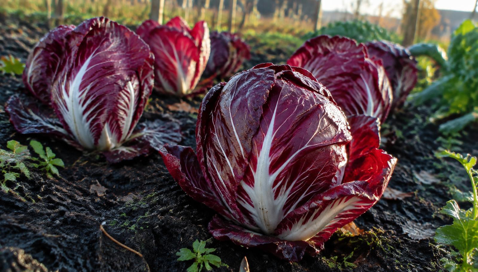 Cespi di radicchio rosso con nervature bianche in un orto autunnale