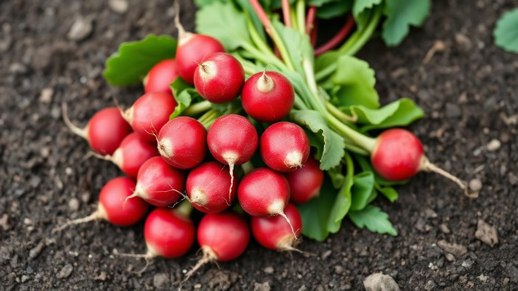 Mazzo di rapanelli tondi rosso vivo appena raccolti con le foglie ancora attaccate, appoggiati sulla terra dell'orto