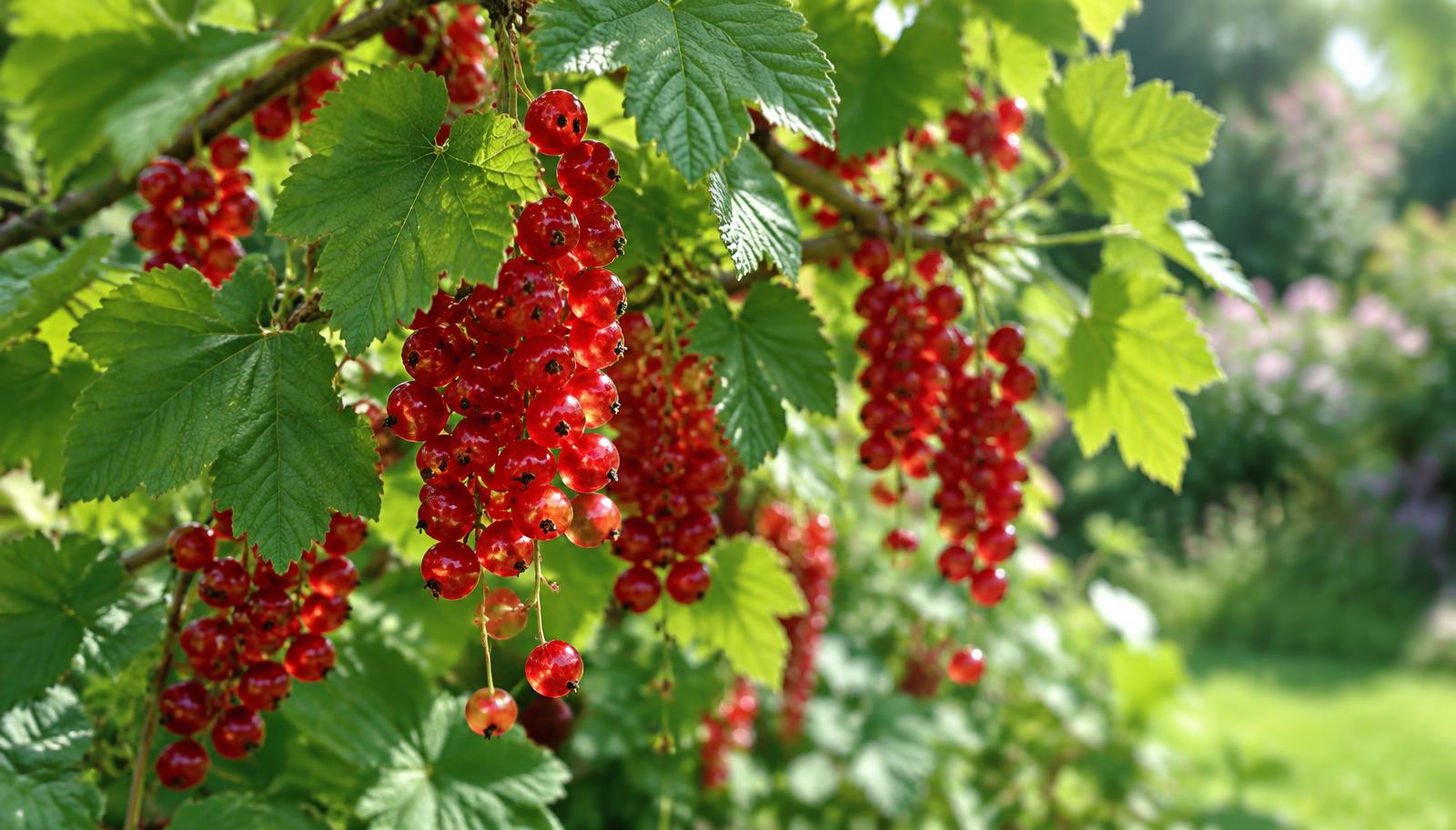Arbusto di ribes con grappoli di bacche rosso traslucide appesi sotto foglie verdi in un giardino