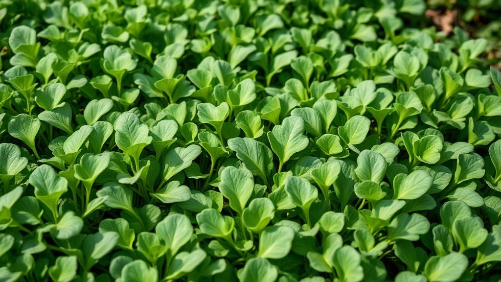 Fitta aiuola di rucola con foglie verdi frastagliate pronte per il taglio in un orto