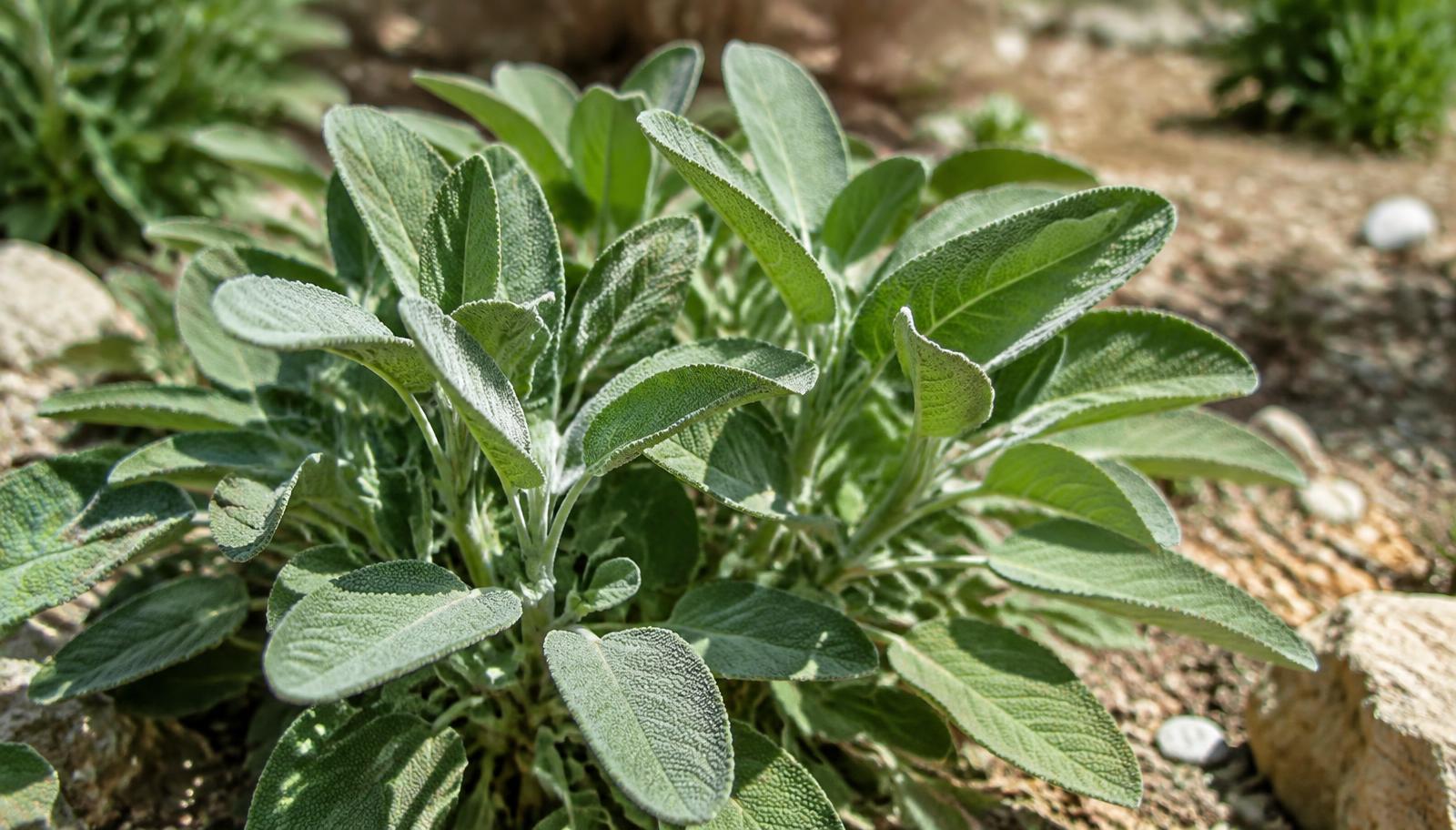 Cespuglio di salvia officinale con foglie vellutate verde-grigio in un orto soleggiato