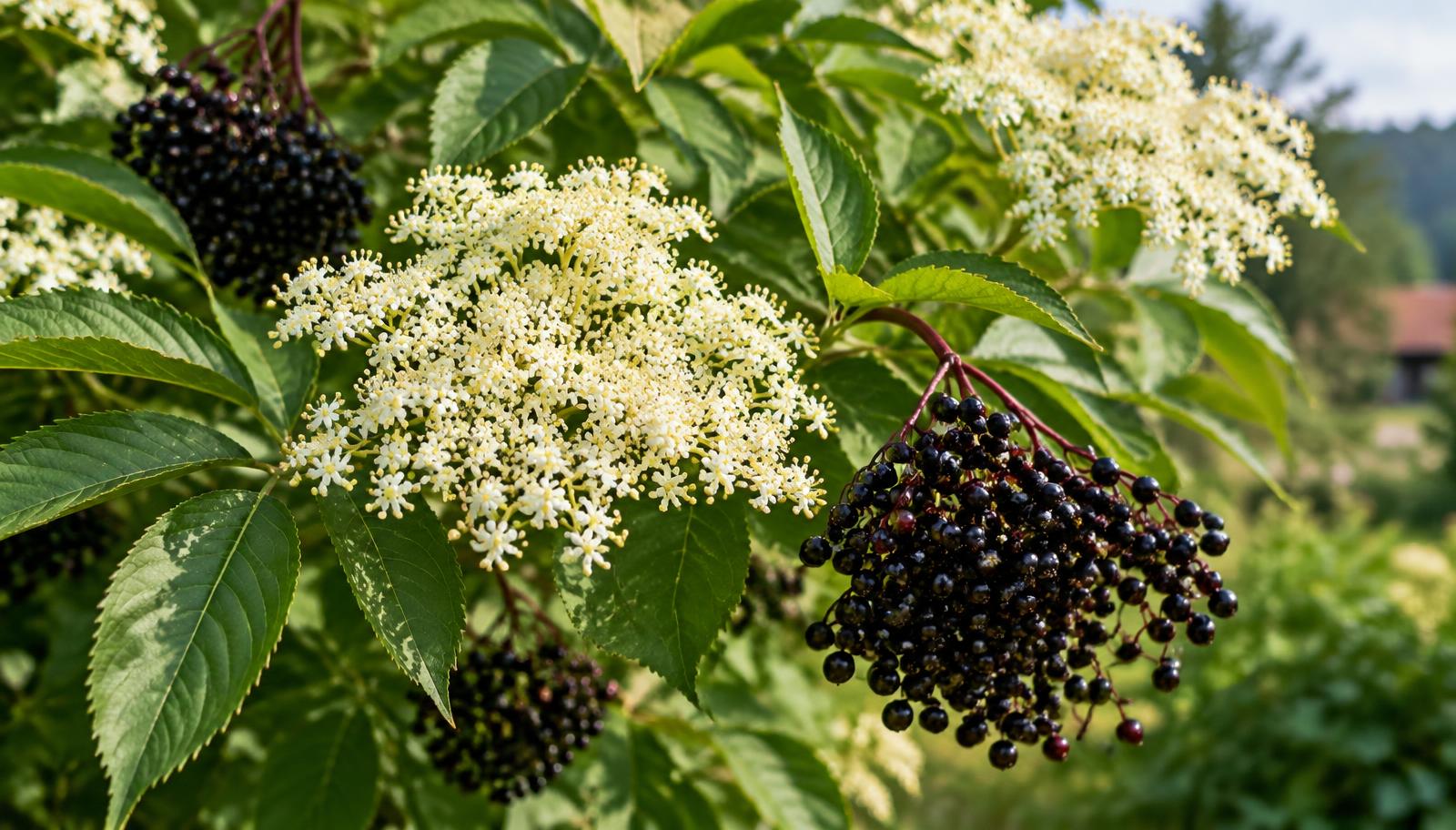Cespuglio di sambuco con grandi ombrelle piatte di piccoli fiori bianchi crema e grappoli di bacche nere lucide tra foglie verdi pennate