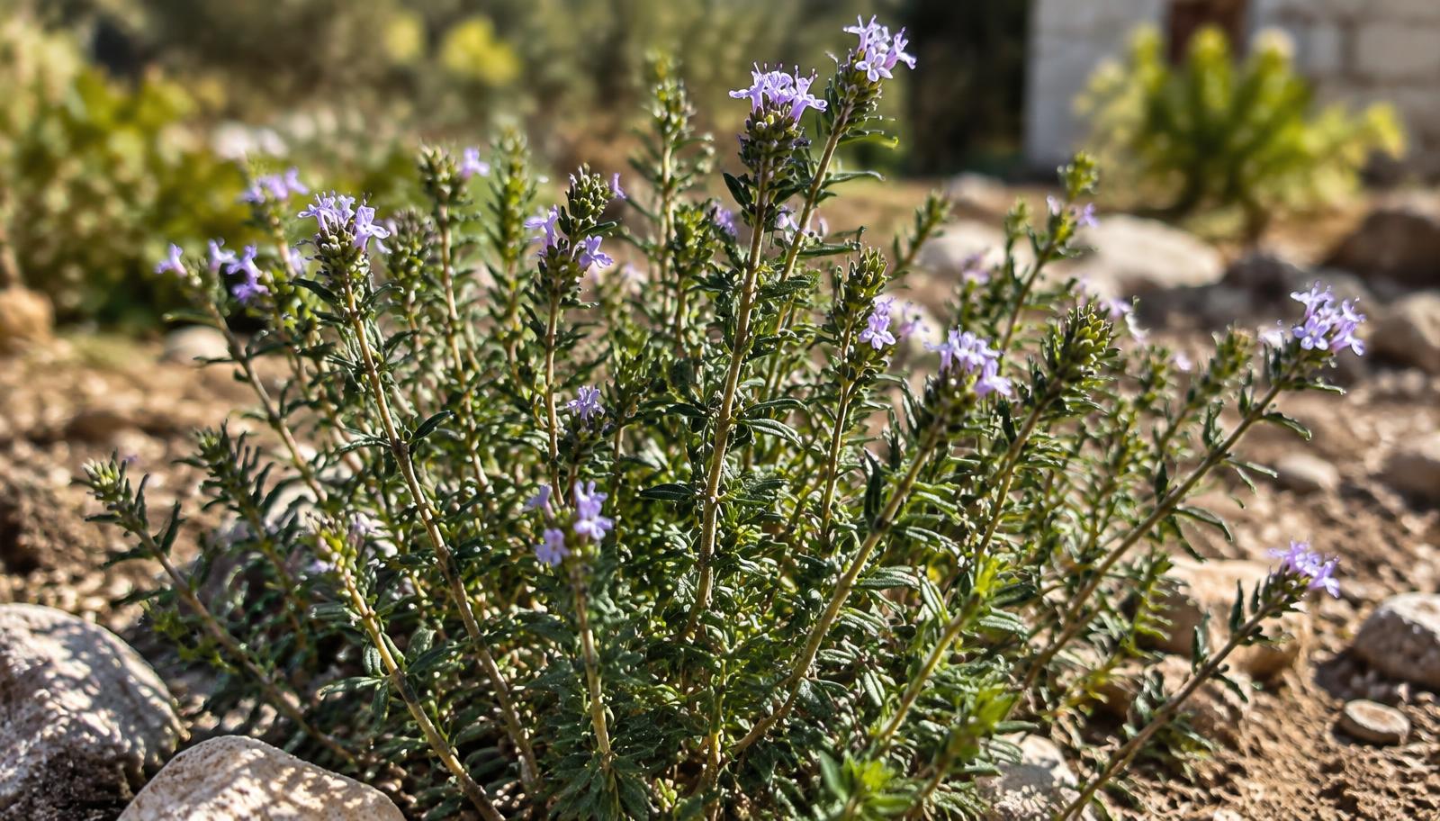 Cespuglio compatto di santoreggia con piccole foglie lanceolate verde scuro e fiori azzurro-viola su spigoli sottili, in pieno sole su terreno arido