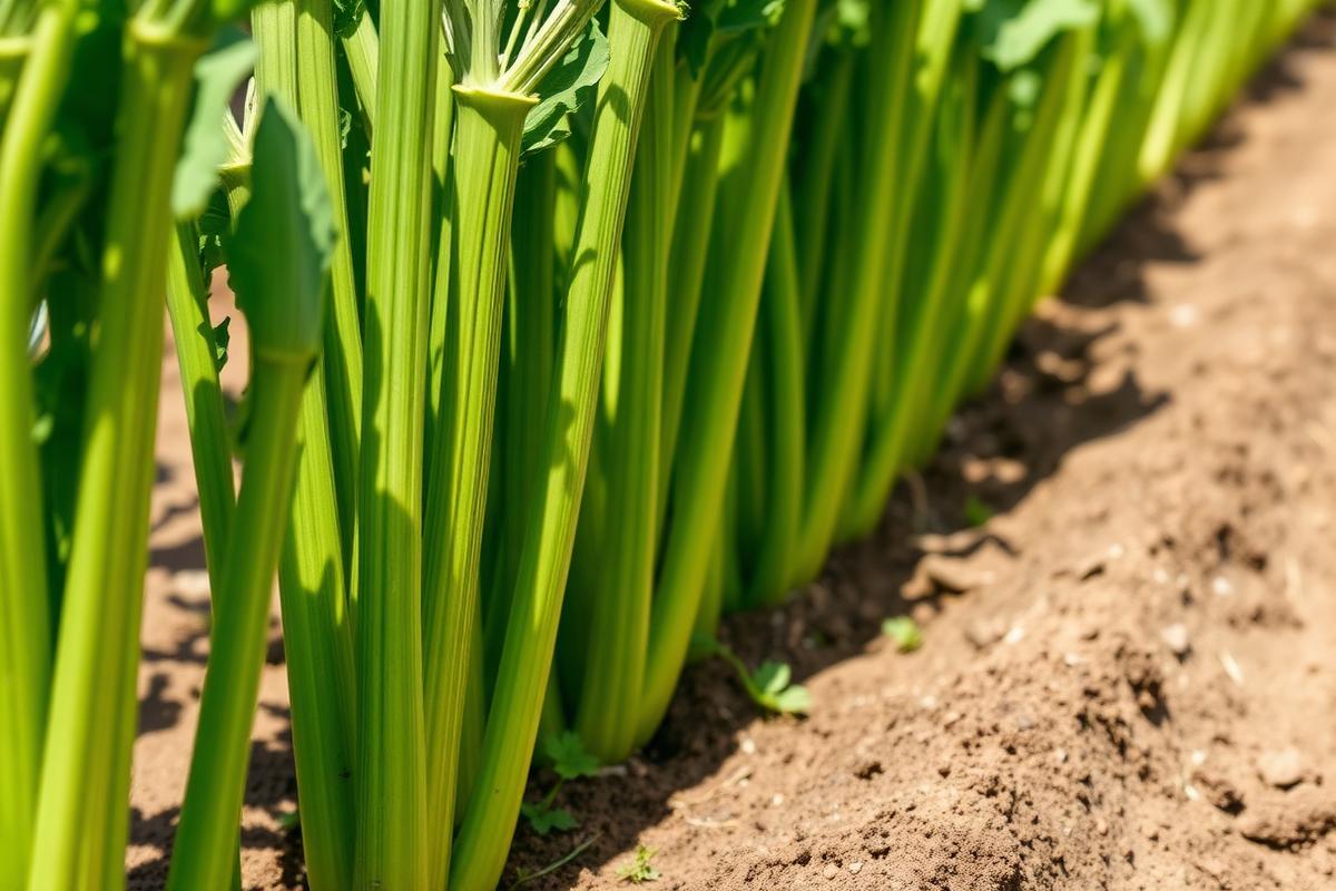 Piante di sedano con coste verdi costolute allineate in una fila dell'orto