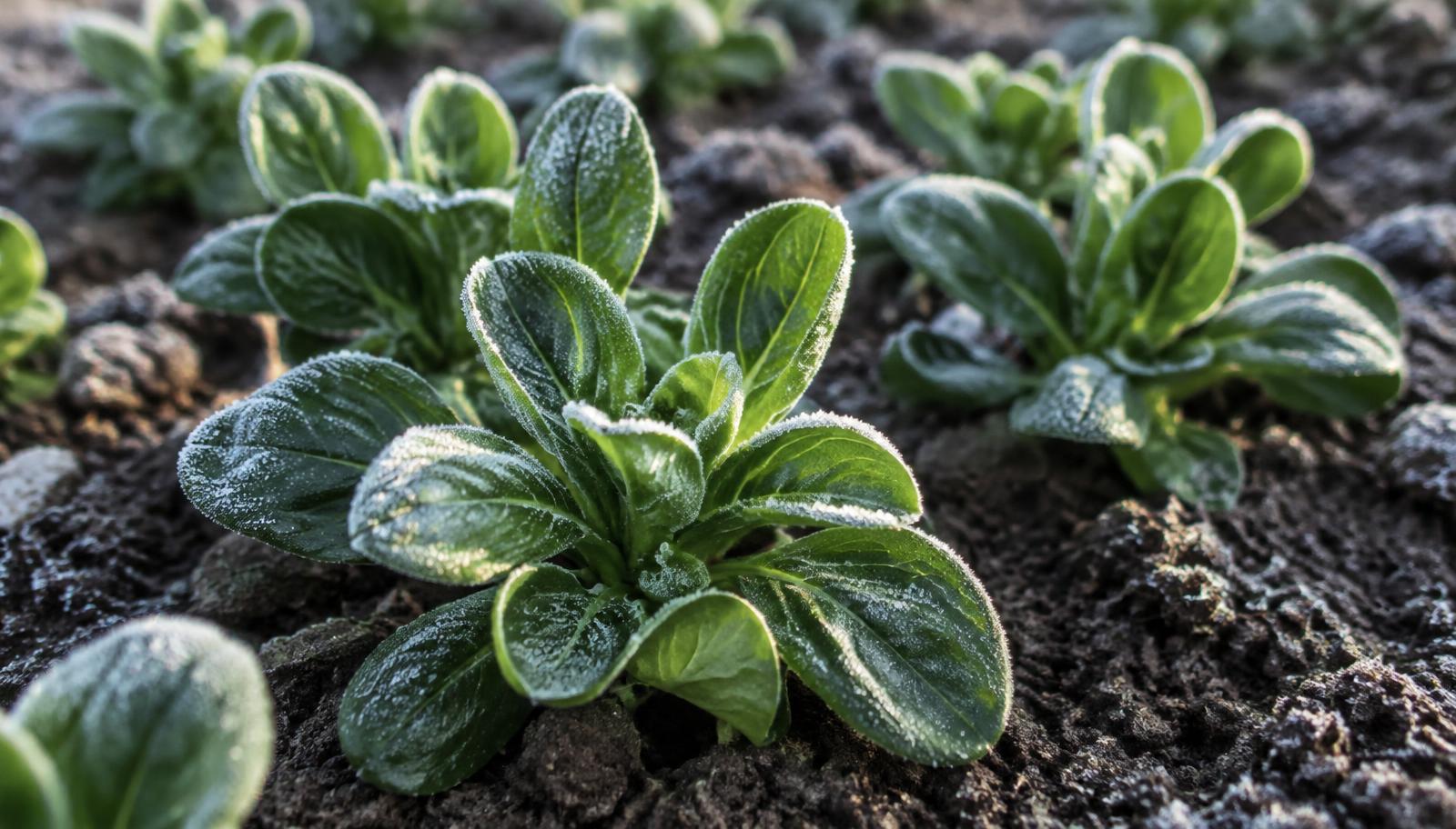 Rosette di valerianella verde scuro in un'aiuola invernale coperta di brina