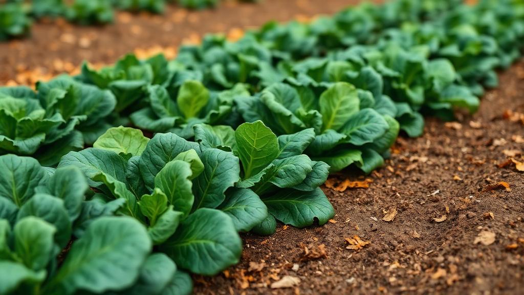 File di spinaci con foglie verde scuro bollose raccolte in rosette a terra in un orto di fine autunno