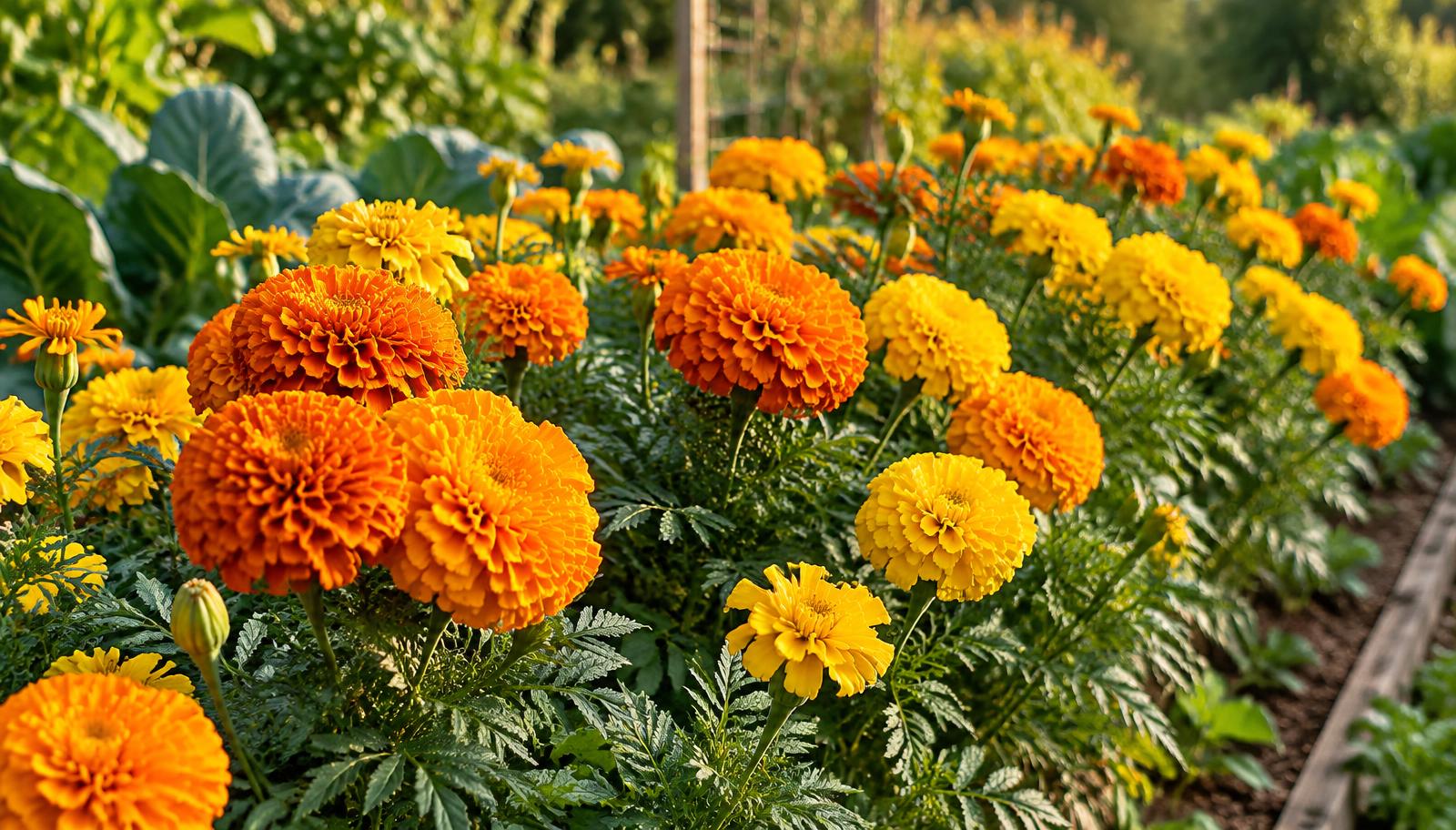 Fioriture abbondanti di tagete con fiori doppi arancioni e gialli intensi tra foglioline fini verde scuro, in pieno sole in un bordo di aiuola