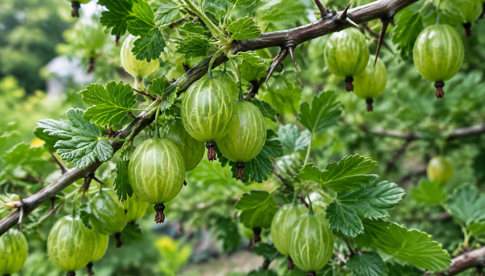 Arbusto di uva spina con bacche verdi traslucide e rami spinosi fra foglie lobate
