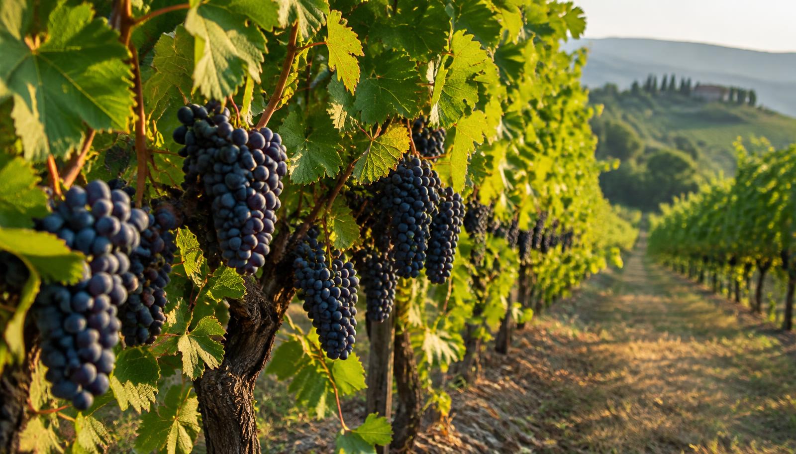 Filare di vite con grappoli d'uva maturi e foglie verdi in un vigneto italiano al tramonto