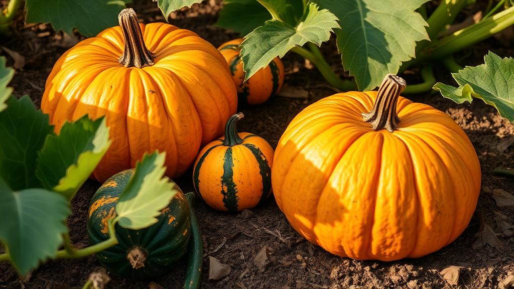 Zucche mature dalla buccia arancione e verde appoggiate a terra fra le grandi foglie della pianta in un orto autunnale