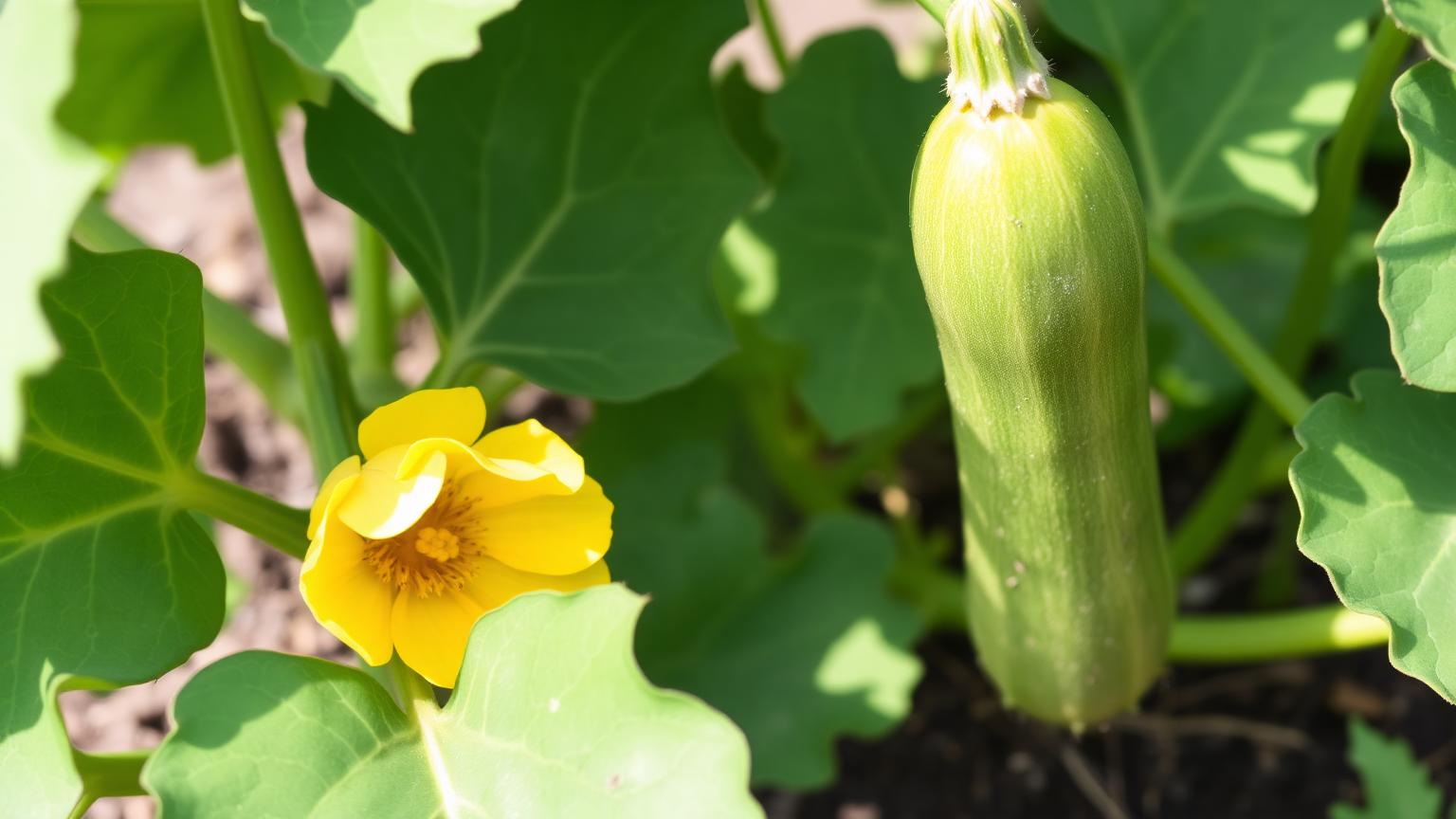 Pianta di zucchina con grandi foglie, fiore giallo aperto e frutto in accrescimento in un orto
