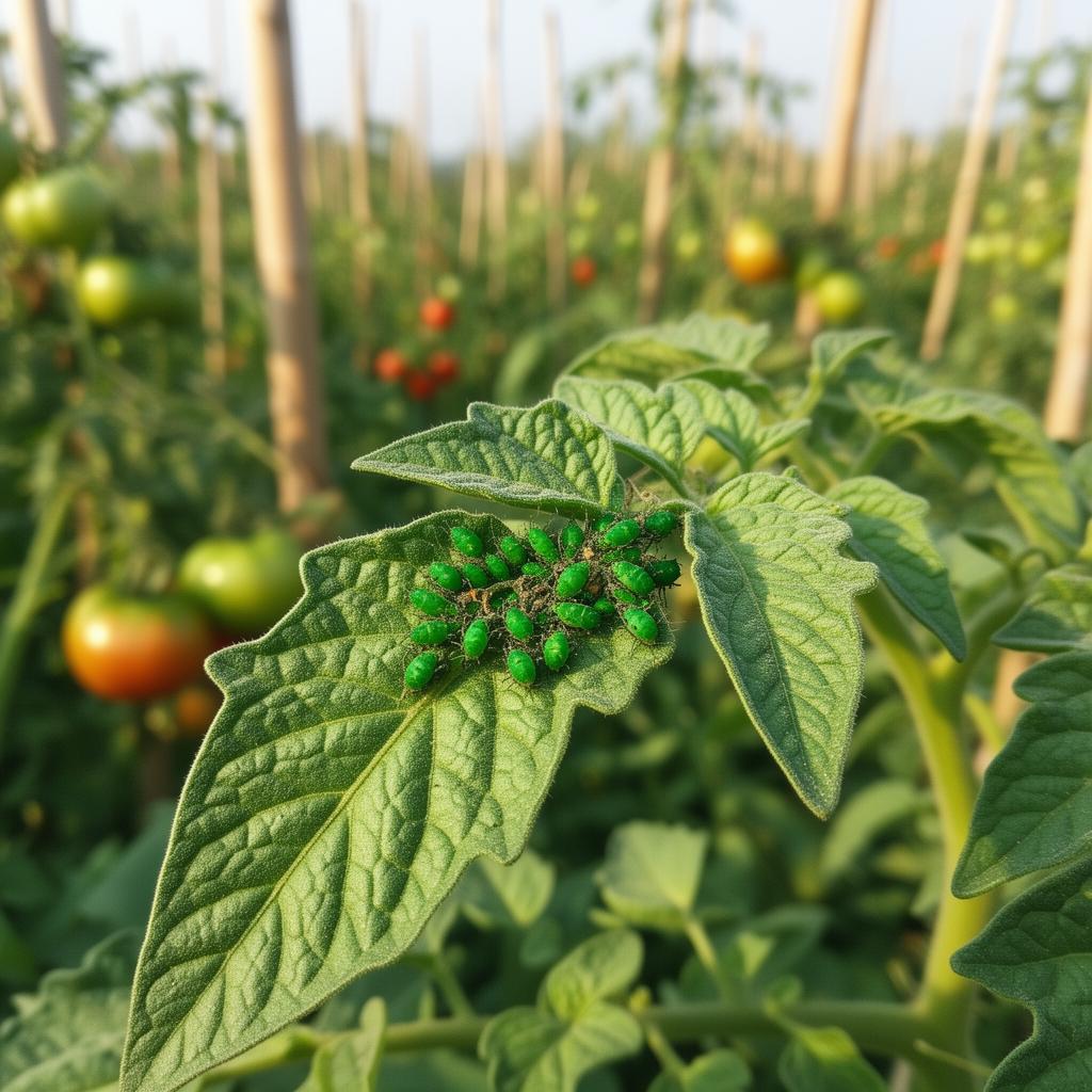 Foglia di pomodoro con grappolo di afidi verdi sulla pagina inferiore, orto domestico italiano in giugno