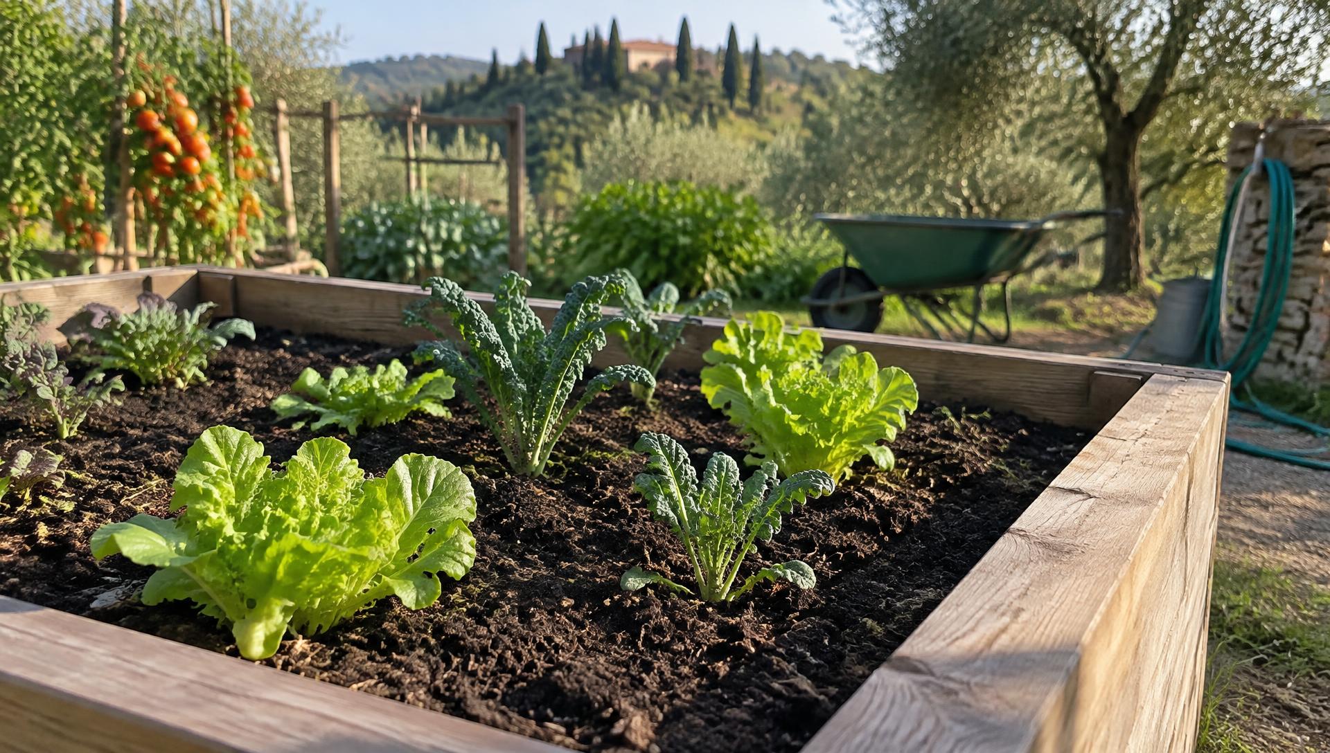 Aiuola rialzata in tavole di larice riempita di terra scura con giovani piantine di insalata e cavolo nero in una mattina d'autunno