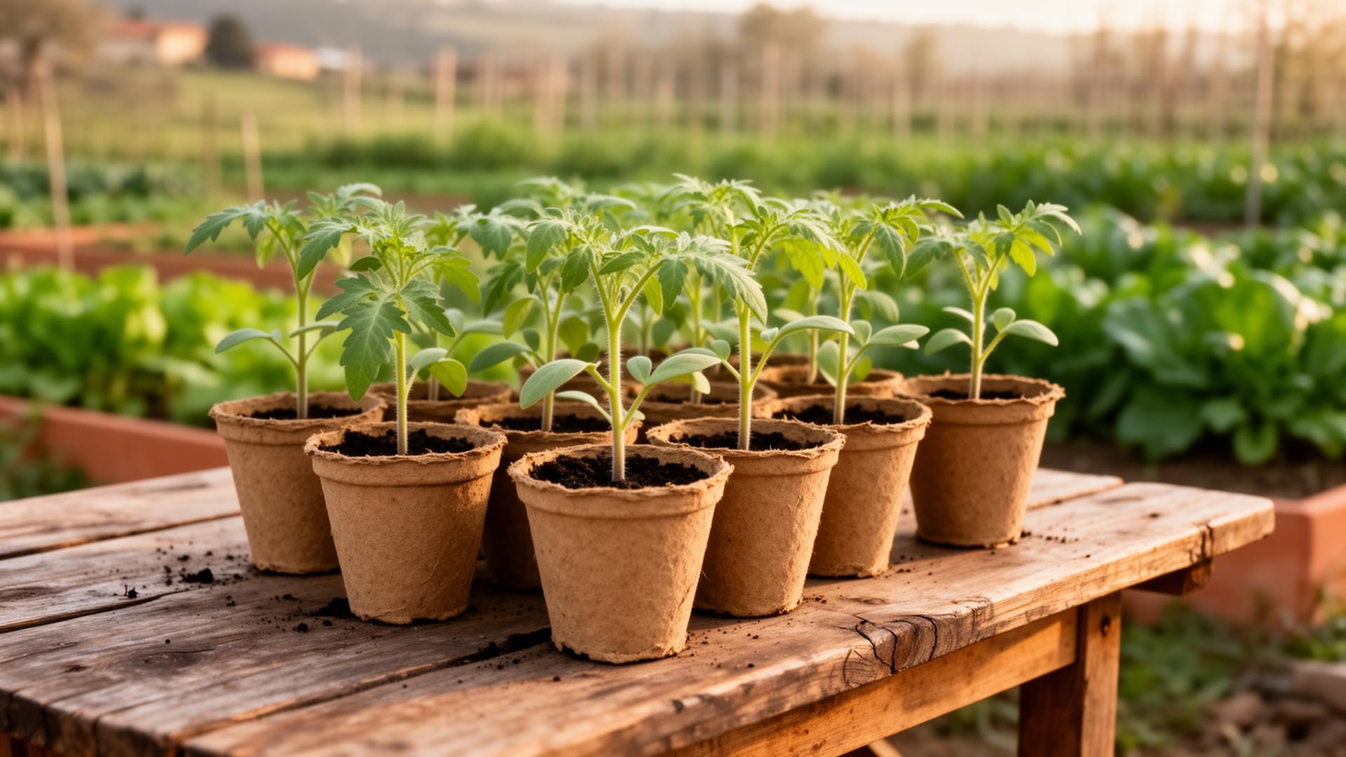 Piantine di pomodoro pronte per il trapianto in un orto domestico ad aprile