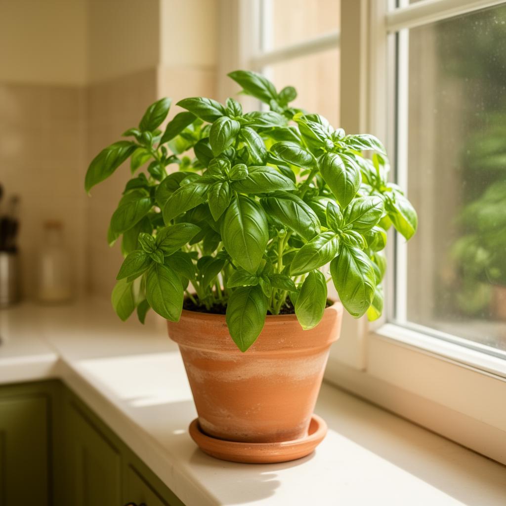 Pianta di basilico genovese rigogliosa in vaso di terracotta su un davanzale italiano illuminato dal sole