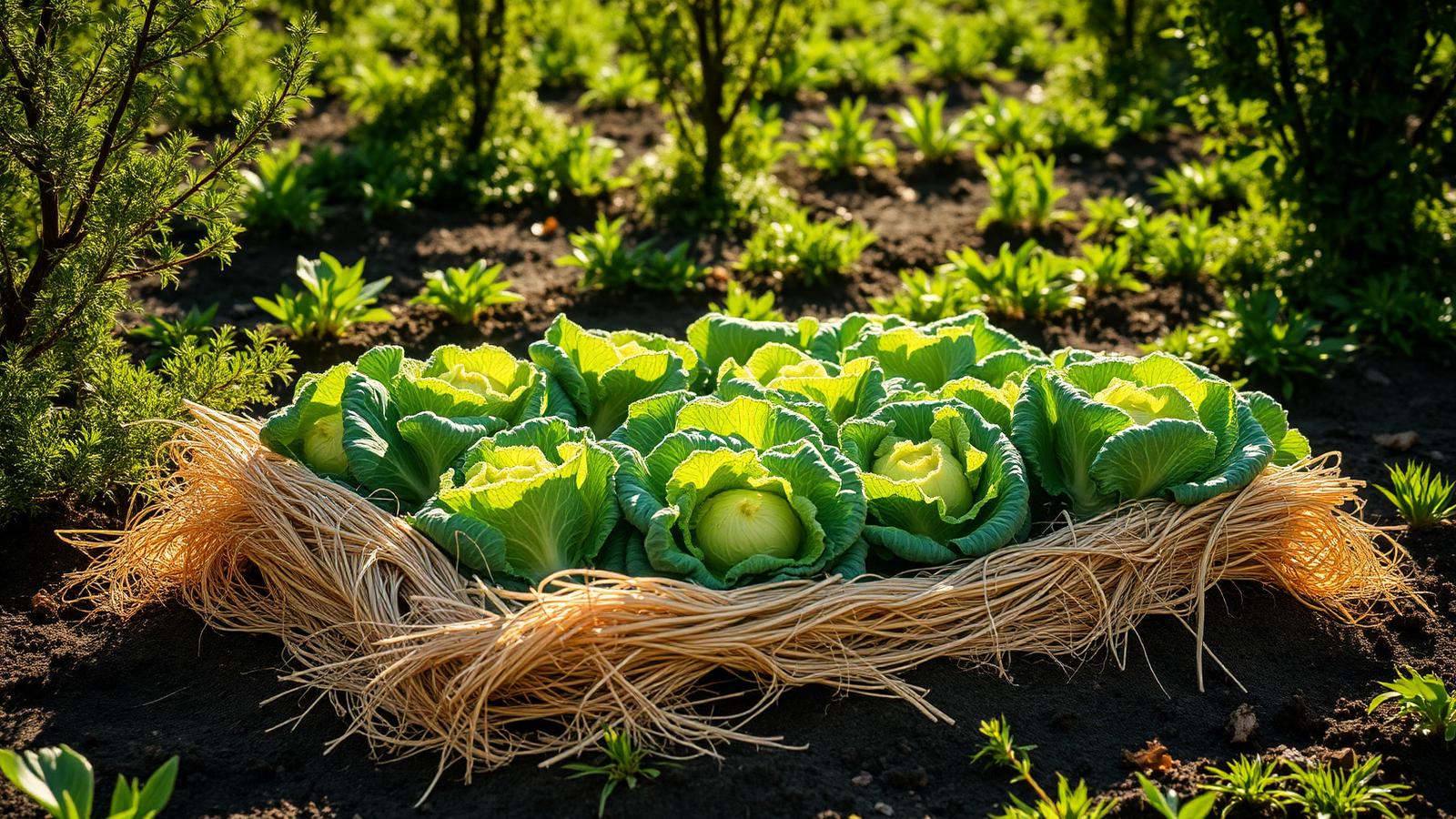 Piantine di cavolo cappuccio, cavolfiore e broccolo appena trapiantate in un letto pacciamato con paglia in un orto italiano di fine luglio