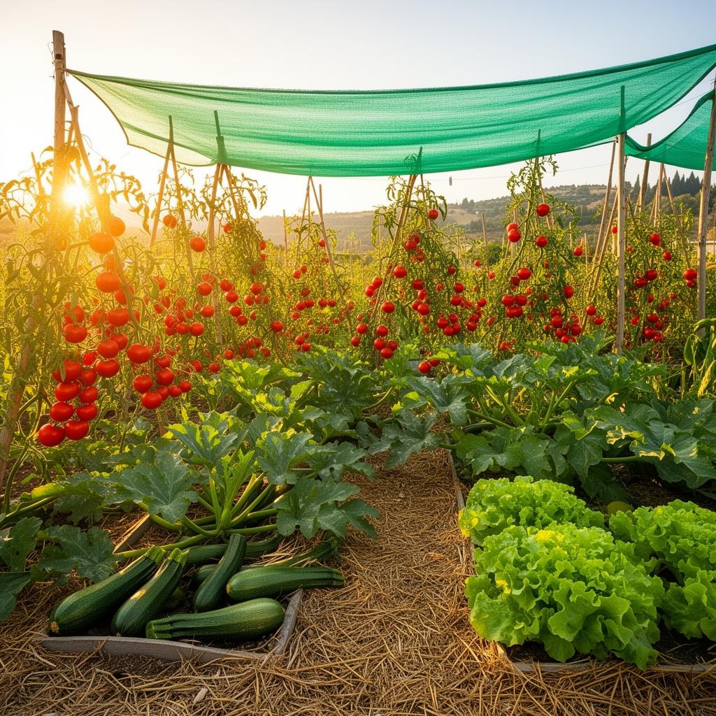Orto domestico italiano sotto il sole estivo con rete ombreggiante verde sopra pomodori e insalate