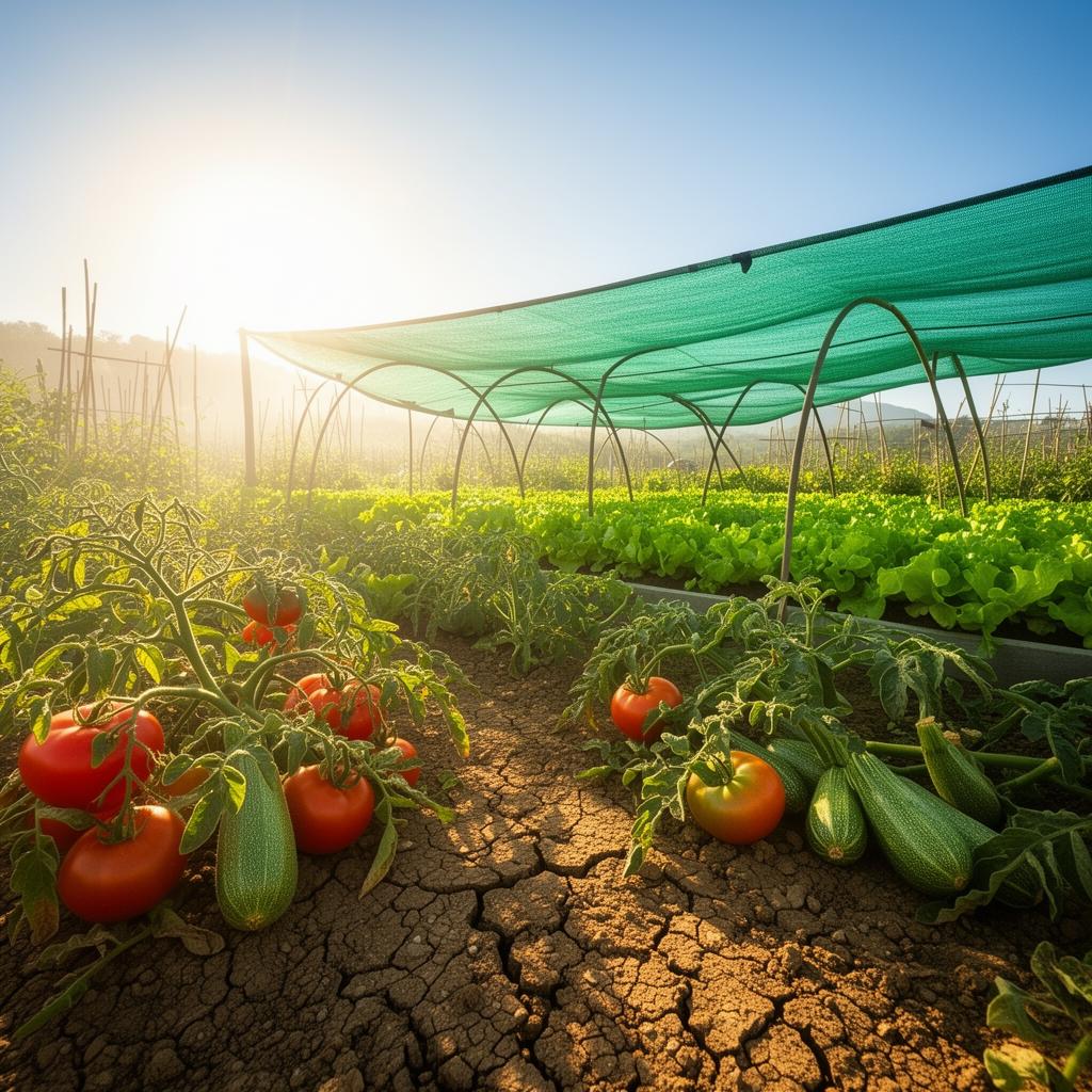Orto italiano sotto l'ondata di caldo africano di giugno 2026 con rete ombreggiante verde, pomodori e zucchine, terreno screpolato