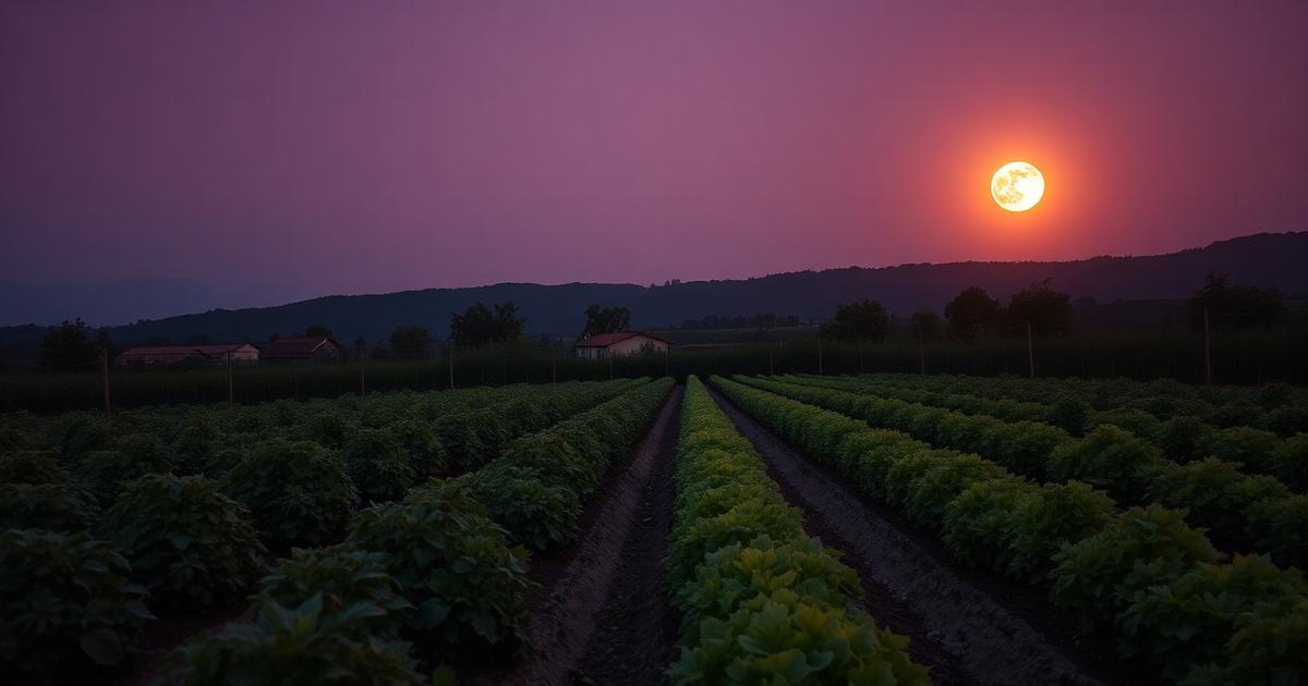Luna piena sopra un orto domestico italiano al tramonto, con file di ortaggi in primo piano