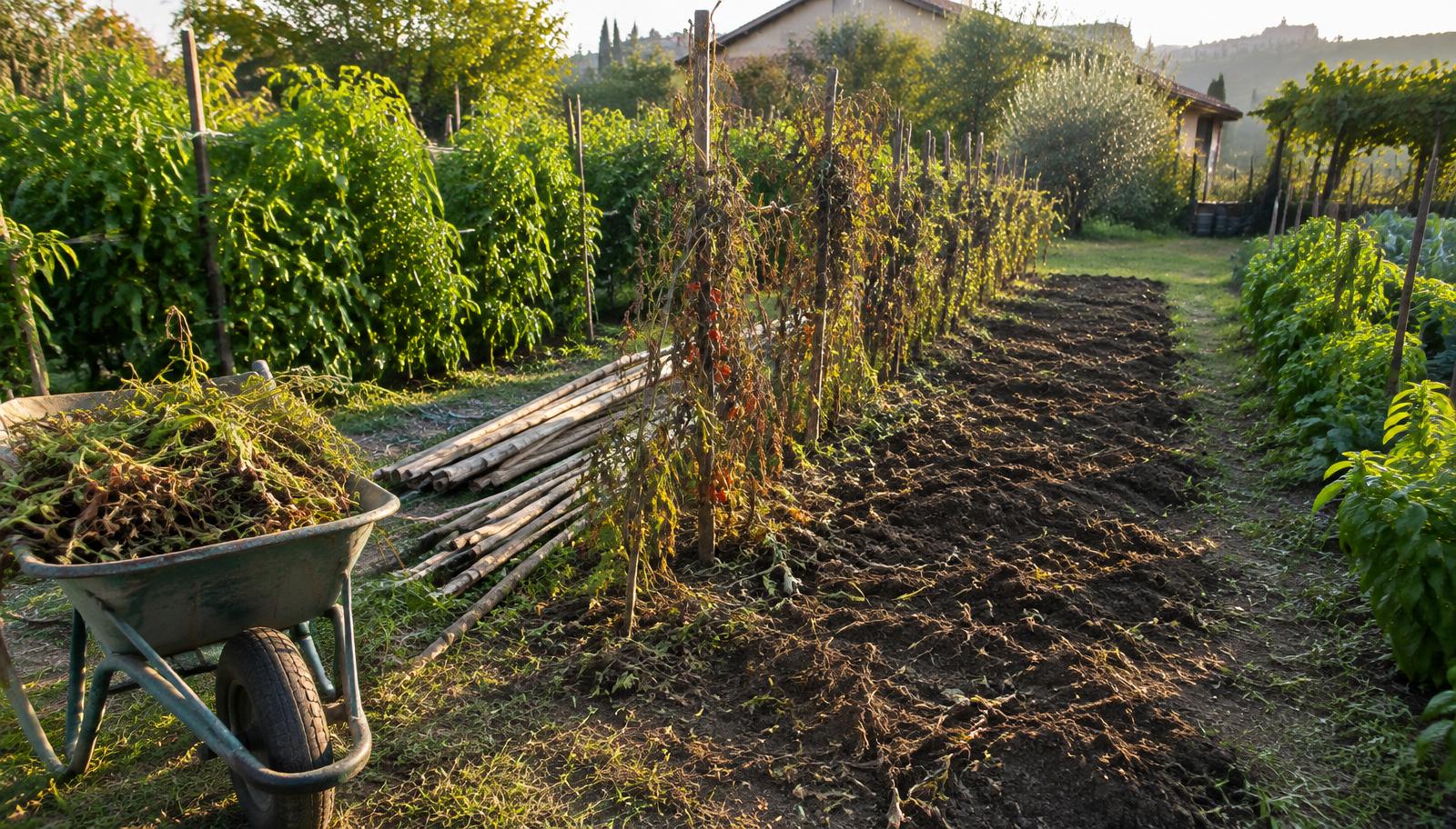 Orto domestico a fine settembre con piante di pomodoro esaurite in fase di espianto, pali di bambù accatastati e una striscia di terreno già liberata