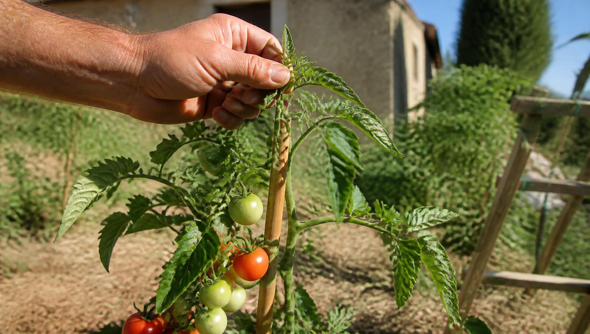 Mano che cima l'apice di una pianta di pomodoro in un orto domestico italiano ad agosto, con grappoli di frutti verdi e invaiati sui palchi sottostanti