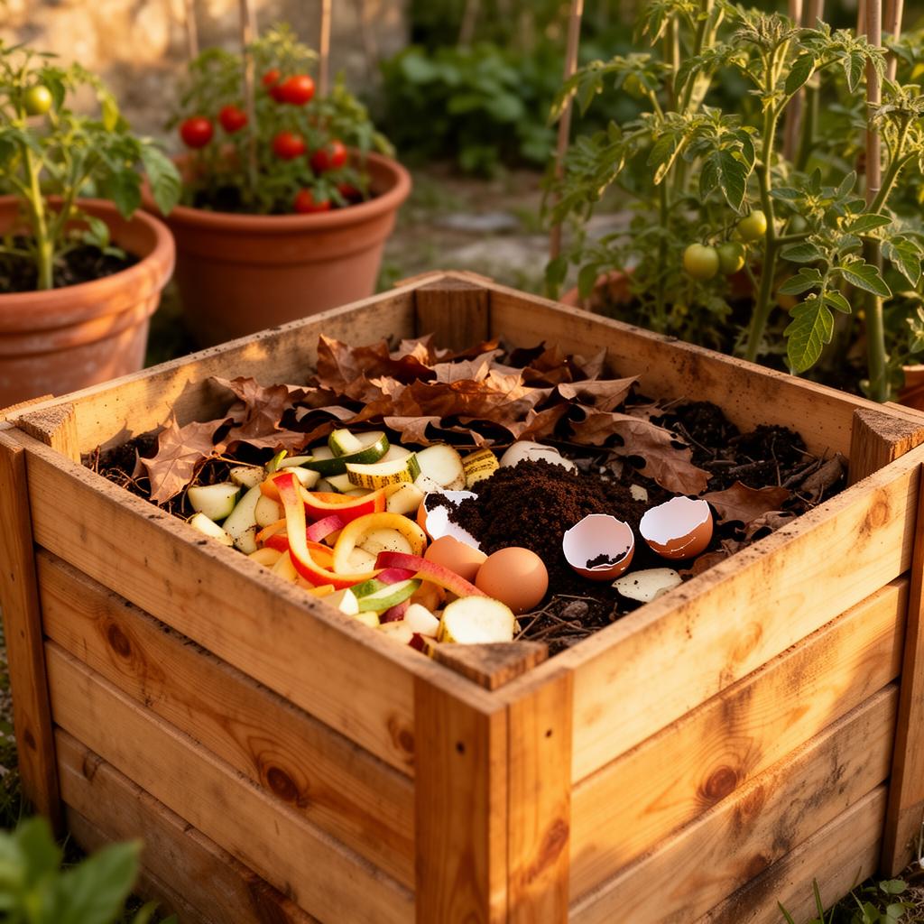 Compostiera in legno in un orto italiano con scarti di cucina, foglie secche e piante di pomodoro sullo sfondo