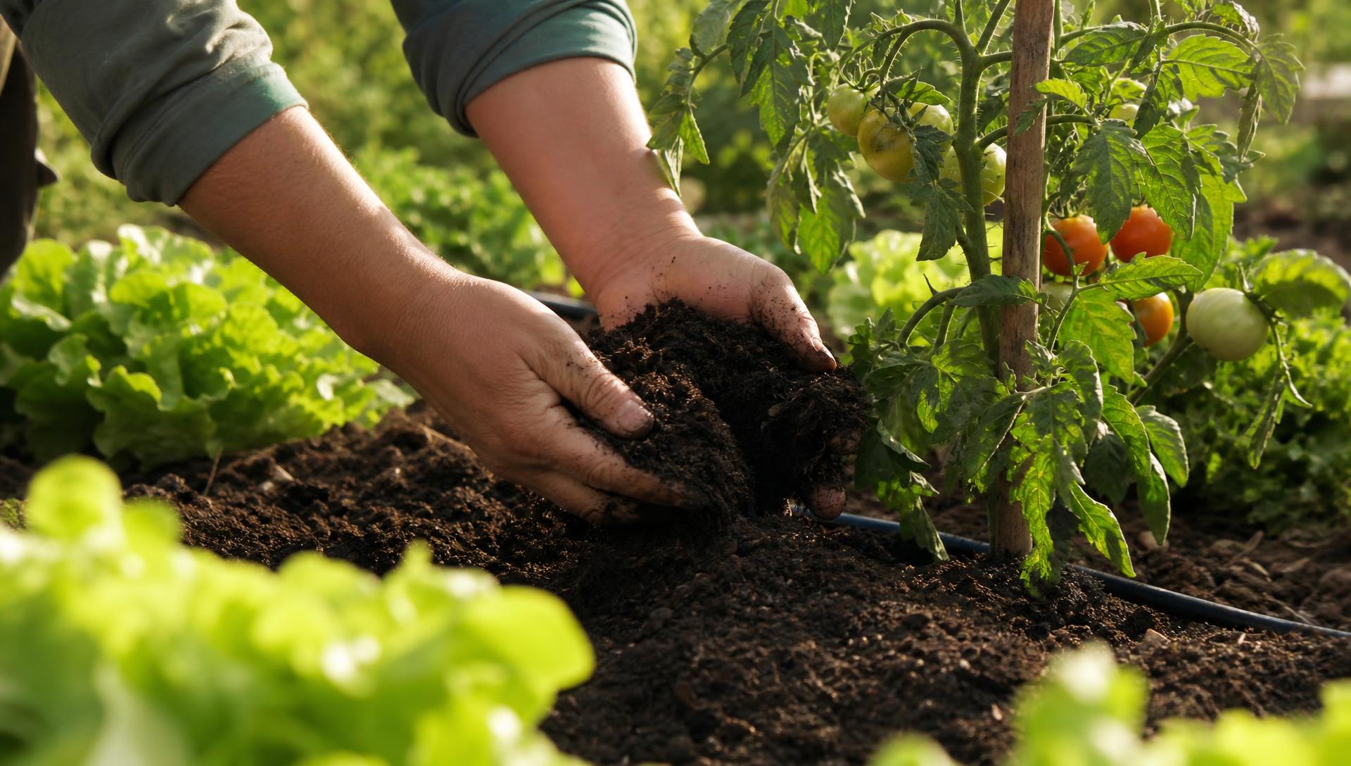 Mani di un ortolano che distribuiscono compost maturo alla base di piante di ortaggi in un orto domestico italiano