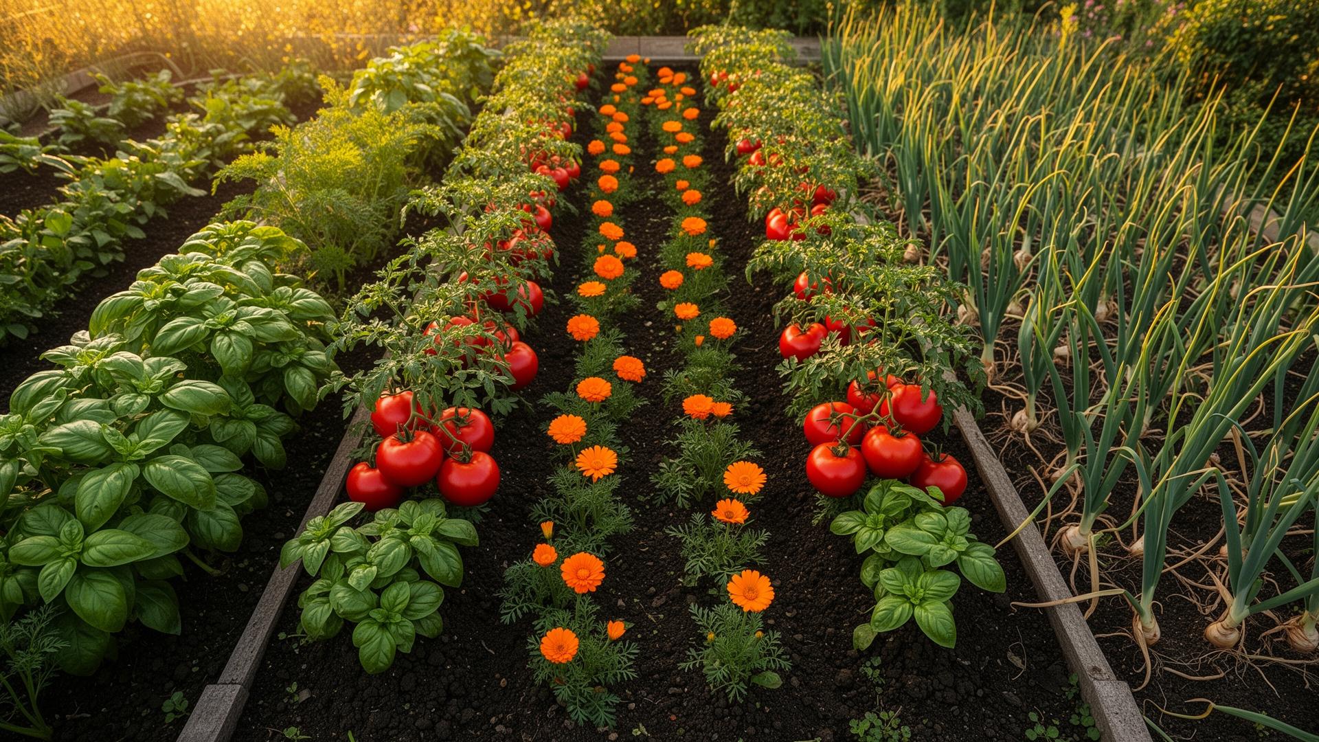 Orto domestico con pomodori, basilico, carote e cipolle piantati in consociazione tra le file