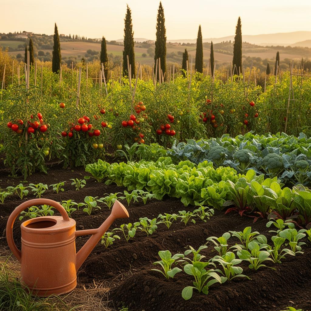 Orto italiano ad agosto con file di insalata giovane e pomodori maturi, luce dorata del pomeriggio