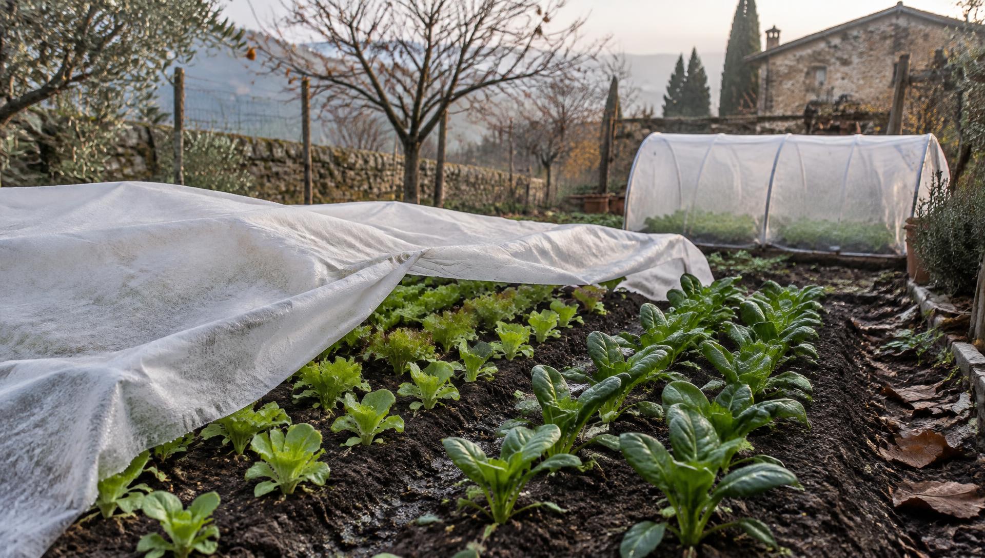 Orto italiano a novembre con file coperte da tessuto non tessuto e giovani piantine di insalata invernale
