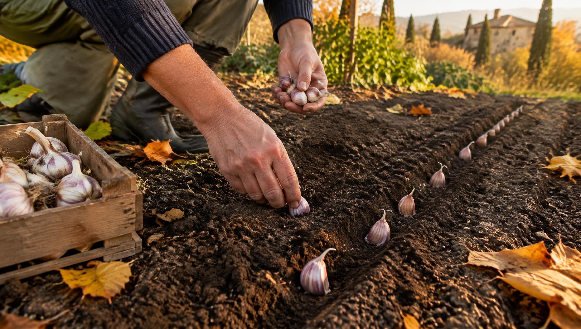Mani che piantano spicchi d'aglio in un orto italiano a ottobre, con file di terriccio fresco e foglie autunnali sullo sfondo