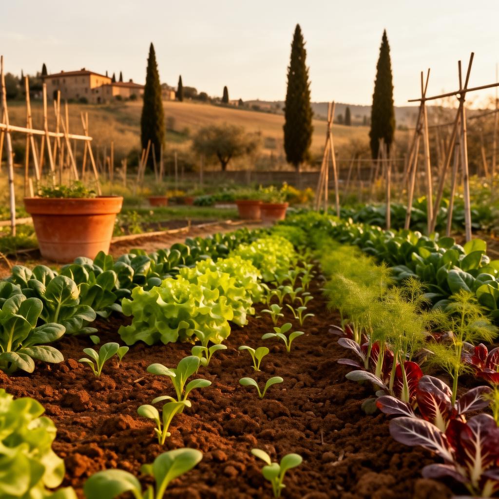 Orto italiano a settembre con file ordinate di insalata giovane, spinaci e finocchi appena trapiantati, luce dorata del tardo pomeriggio in campagna toscana