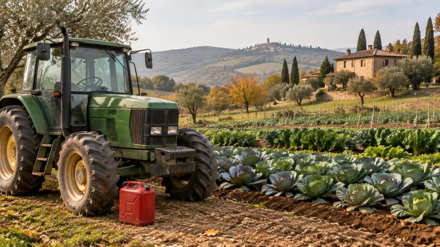 Illustrazione generata con AI: trattore e tanica di carburante accanto a un campo di cavoli in un paesaggio rurale italiano autunnale