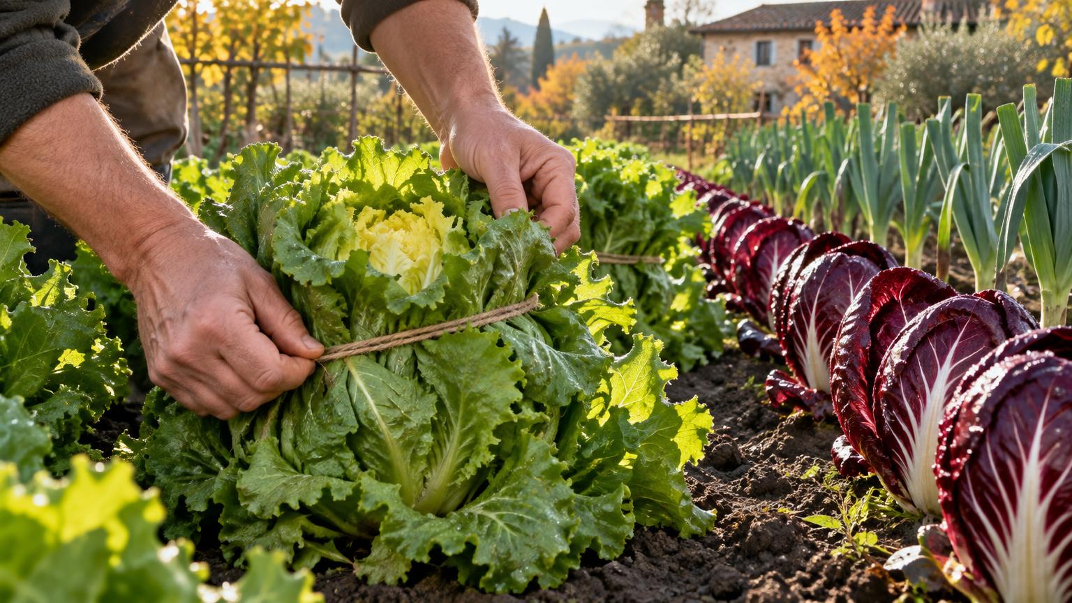 Mani che legano un cespo di scarola in un orto italiano d'autunno per imbianchirne il cuore