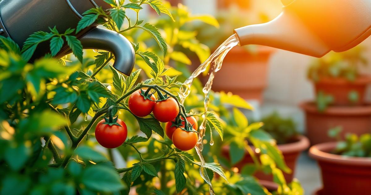 Innaffiatoio che bagna piante di pomodoro alla base nel tardo pomeriggio in un orto domestico