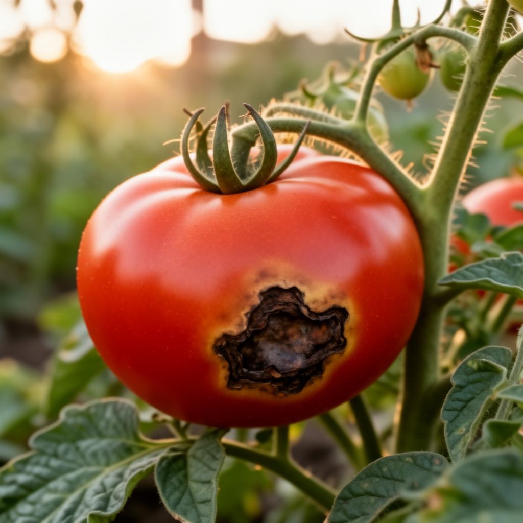 Pomodoro con marciume apicale: macchia nera sul fondo del frutto in un orto domestico italiano