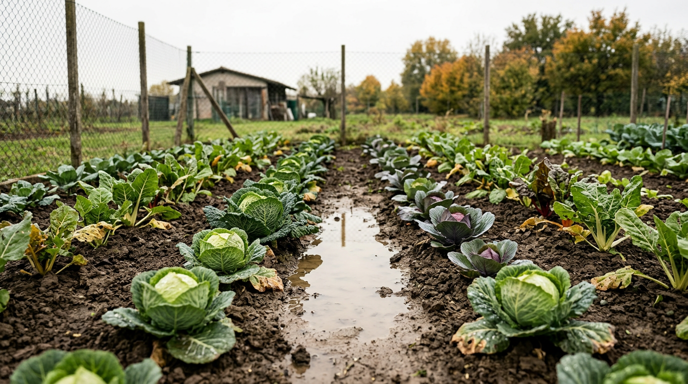 Immagine generata con AI: cavoli e bietole in un piccolo orto autunnale dopo la pioggia, con terreno bagnato e una pozzanghera tra le aiuole