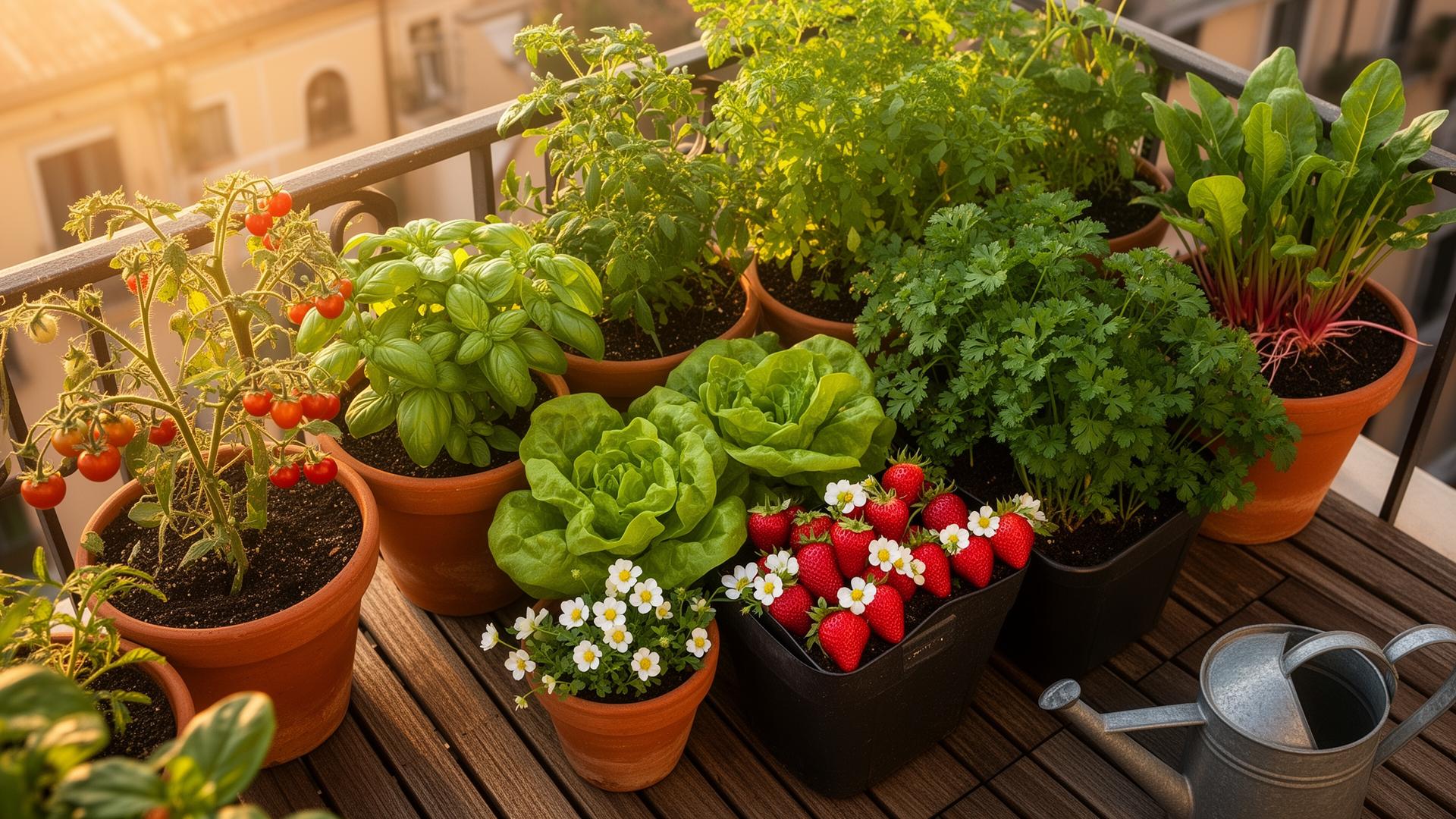 Vasi di pomodorini, basilico e insalata su un balcone urbano illuminato dal sole del mattino
