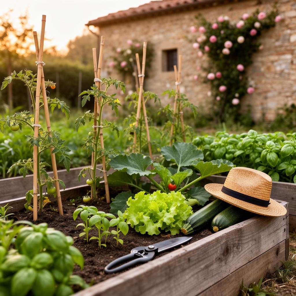 Orto domestico italiano a fine maggio con pomodori tutorati, zucchine, lattughe e basilico, illuminato dal sole pomeridiano