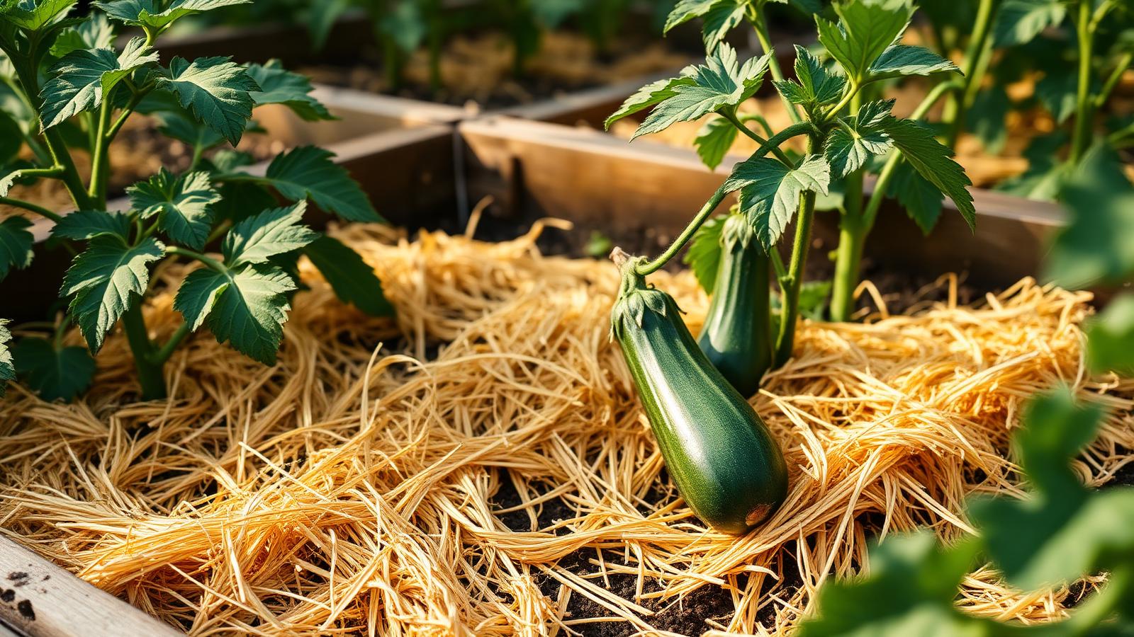 Pacciamatura di paglia dorata attorno a piante di pomodoro e zucchine in un orto rialzato italiano, luce mattutina