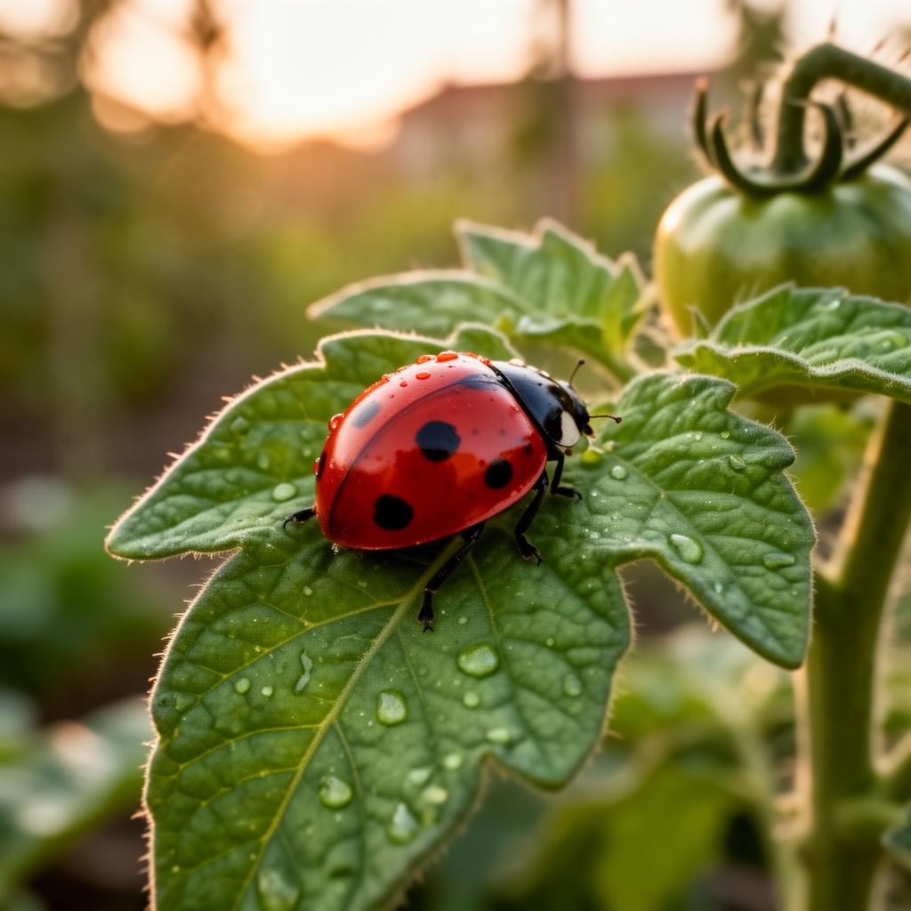 Coccinella su una foglia di pomodoro in un orto domestico italiano a maggio