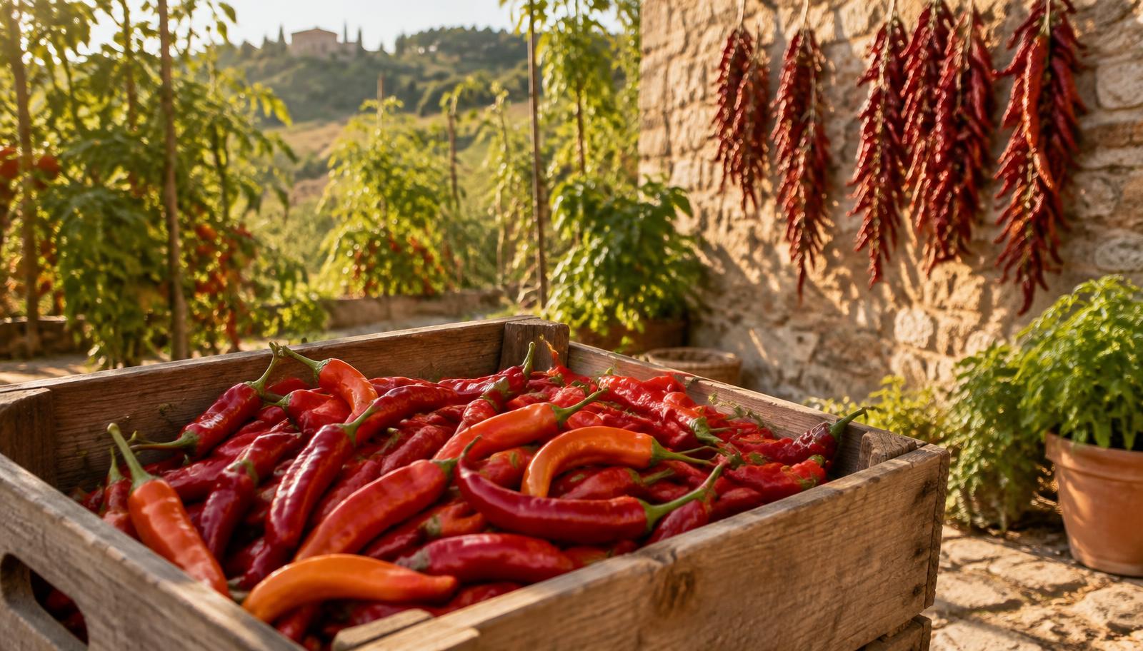 Peperoncini rossi maturi appena raccolti accanto a una collana di peperoncini appesa in un orto italiano di settembre