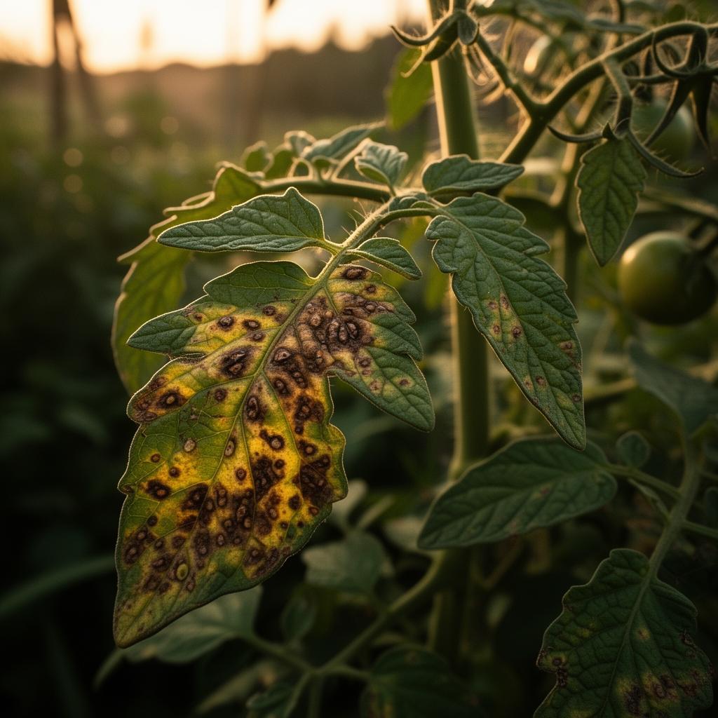 Foglie di pomodoro con macchie marroni e giallognole causate da peronospora in un orto domestico italiano
